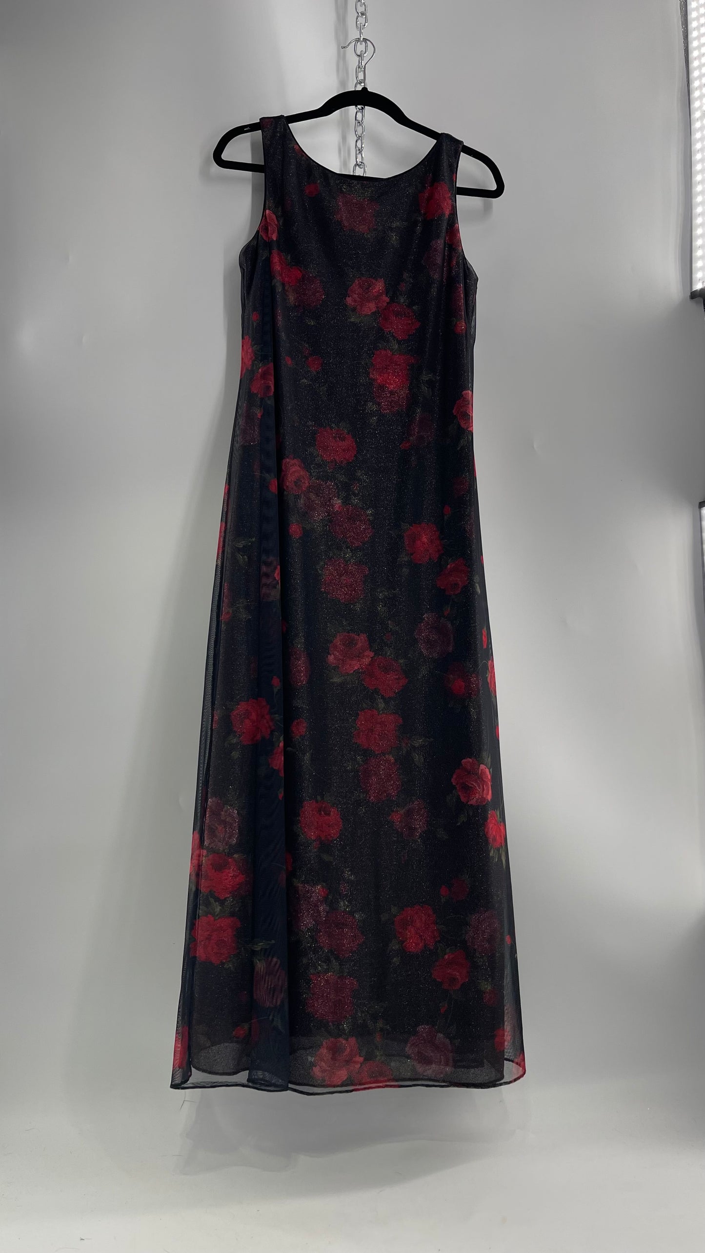 Vintage TEDDI EVENING Dress with Red Rose Layer Over Glitter Graphic and Black Base Layer (10)