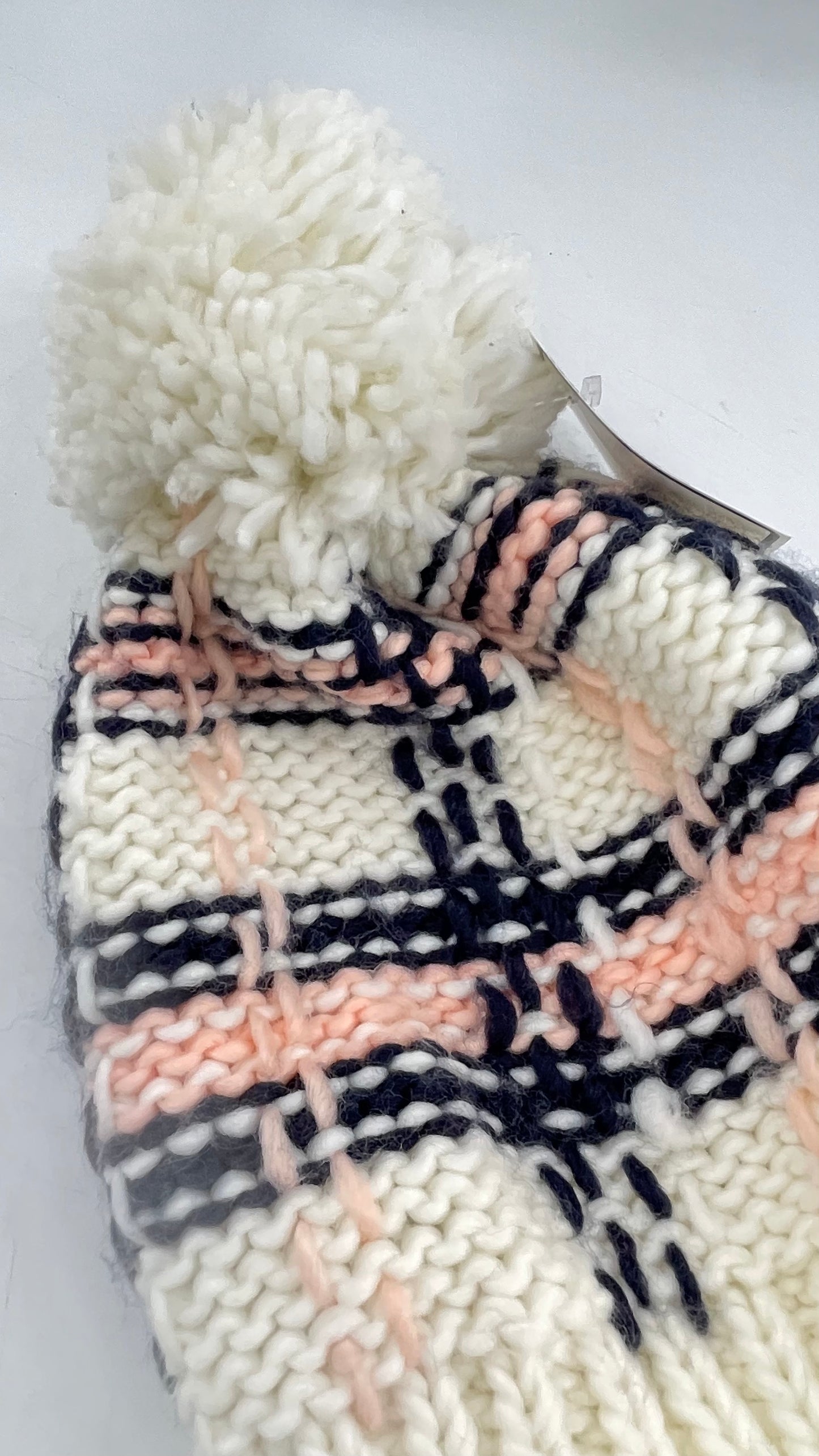 Pink Navy Plaid Patterned White Knit Beanie with Pom