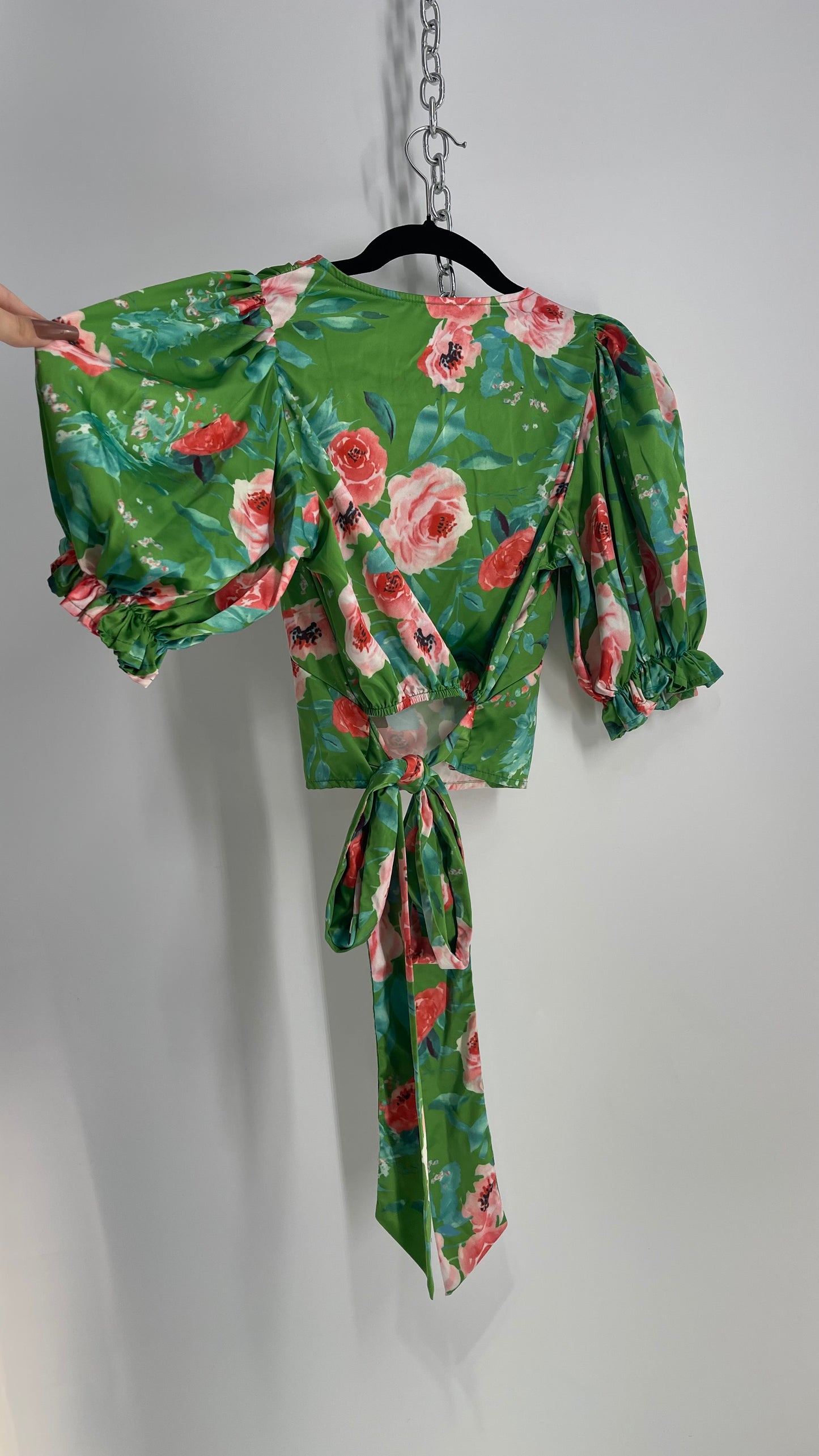 OPI Green Floral Puff Sleeve Open Tie Back Blouse (small)