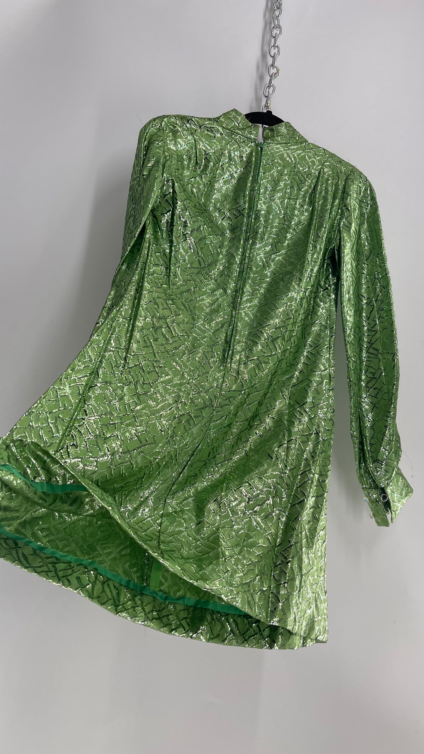 Vintage 1970s Metallic Green Bubble Sleeve, High Neck, Slit Bust and A-Line Form Dress (Small/Medium)