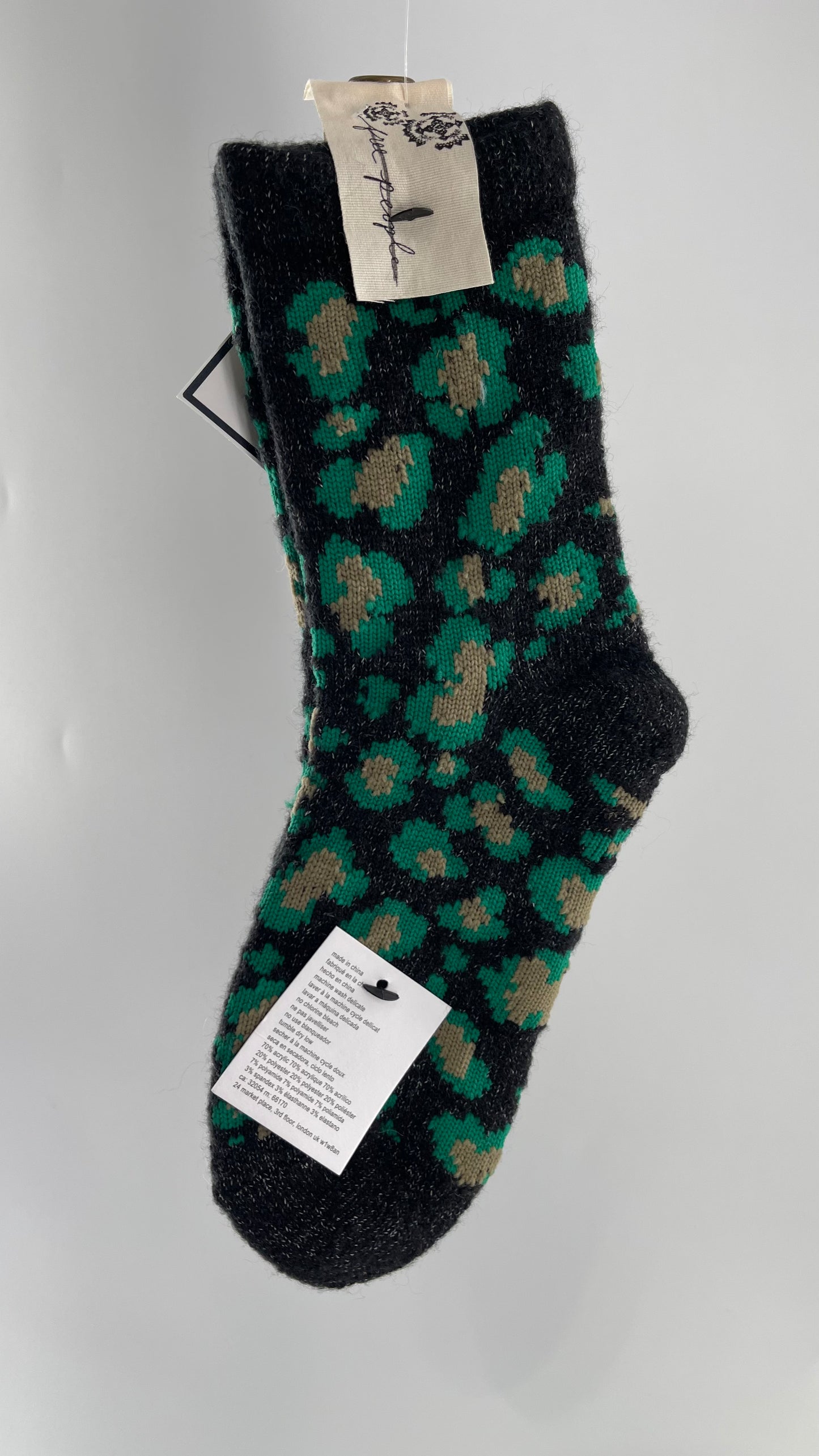 Free People Dark Grey Socks with Green Leopard Pattern