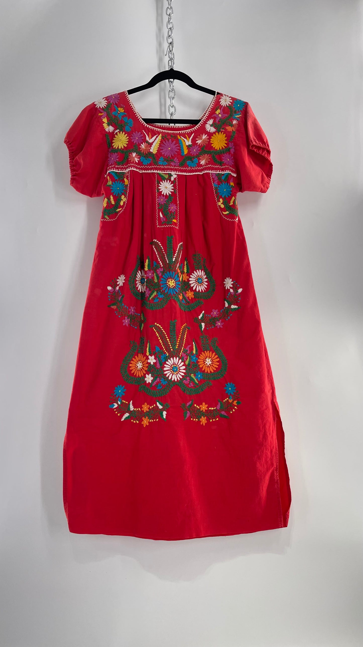 Vintage 1970s Red Cotton Dress with Hand Embroidered Florals Imported from Mexico (Small)