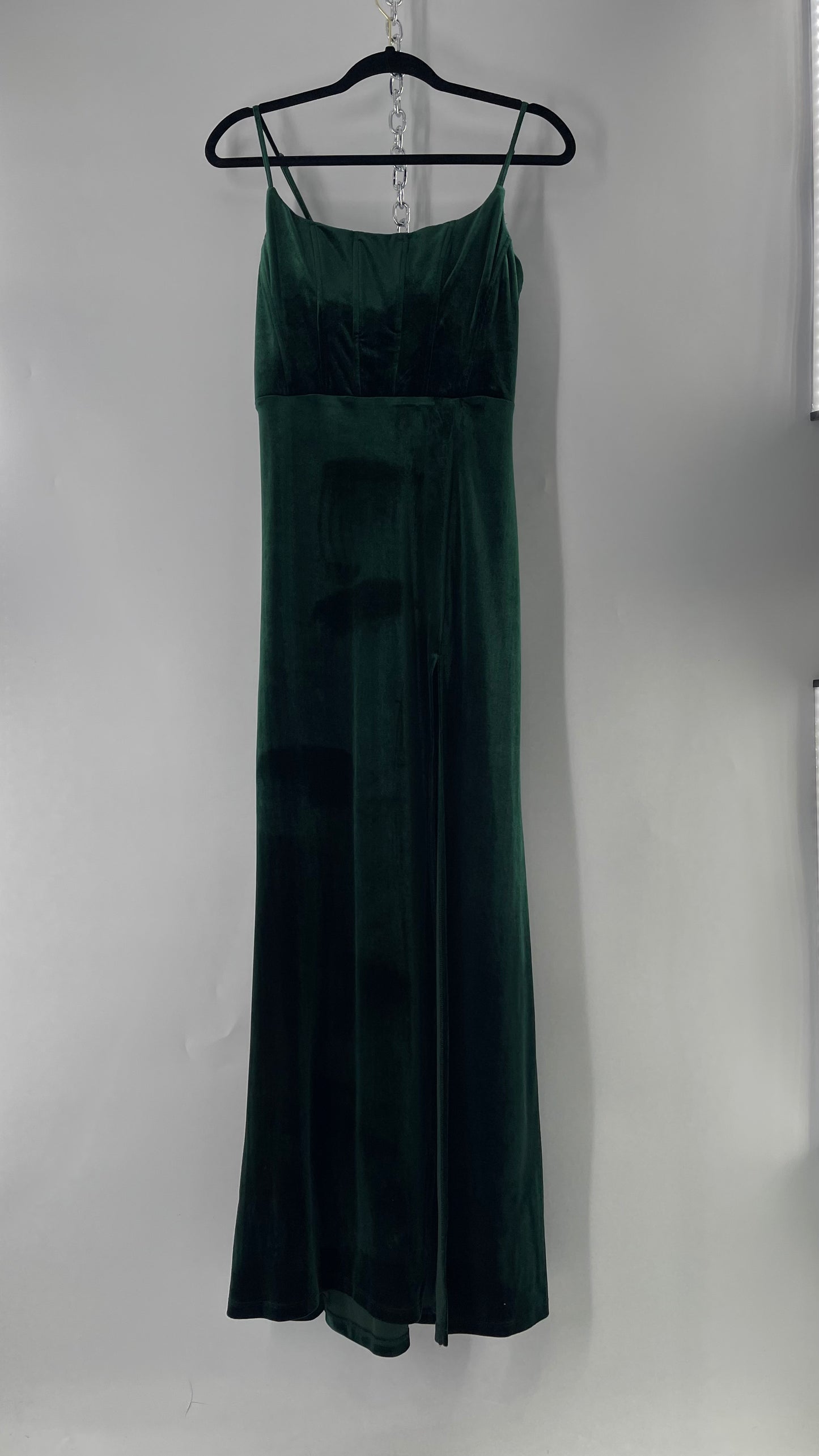 Windsor Forest Green Velvet Maxi Dress with Corseted Bust and Side Slit (11/12)