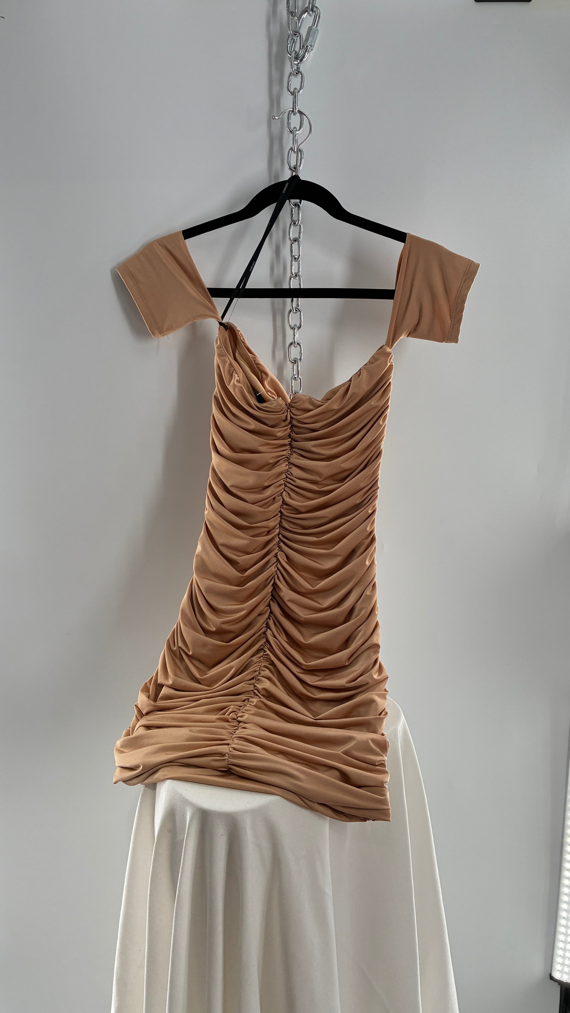 nude ruched mini dress PrettyLittleThing Women's Double Layer Slinky Structured Long Sleeve Ruched Mini Dress in Nude