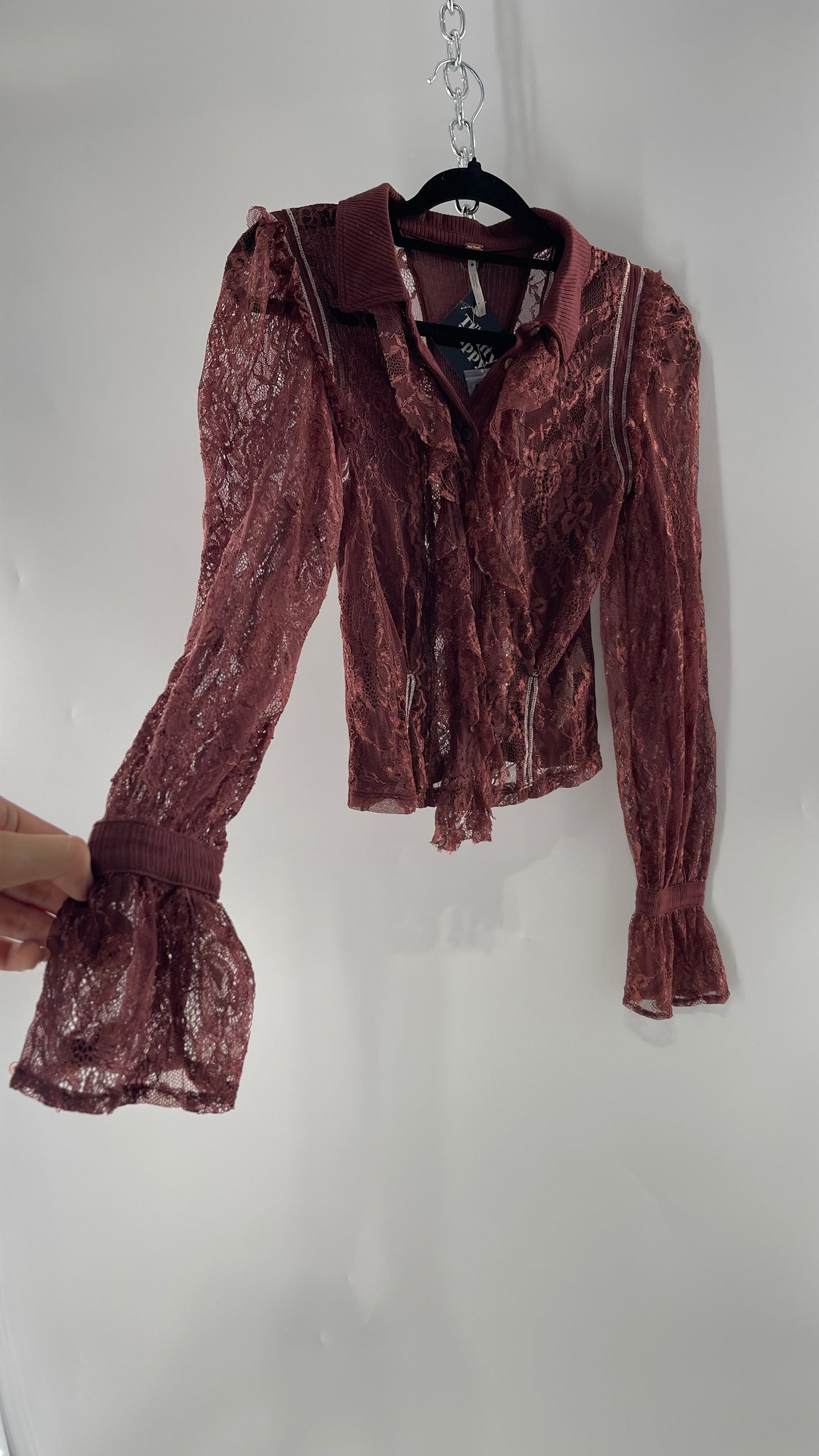Free People Burgundy Lace Button Front Blouse with Balloon Sleeves and Ruffle Front Detail  (Small)
