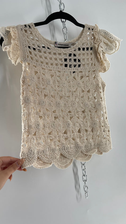 Bishop + Young Anthropologie Crochet Tank with Scalloped Hem and Lace Lined Sleeves (Small)