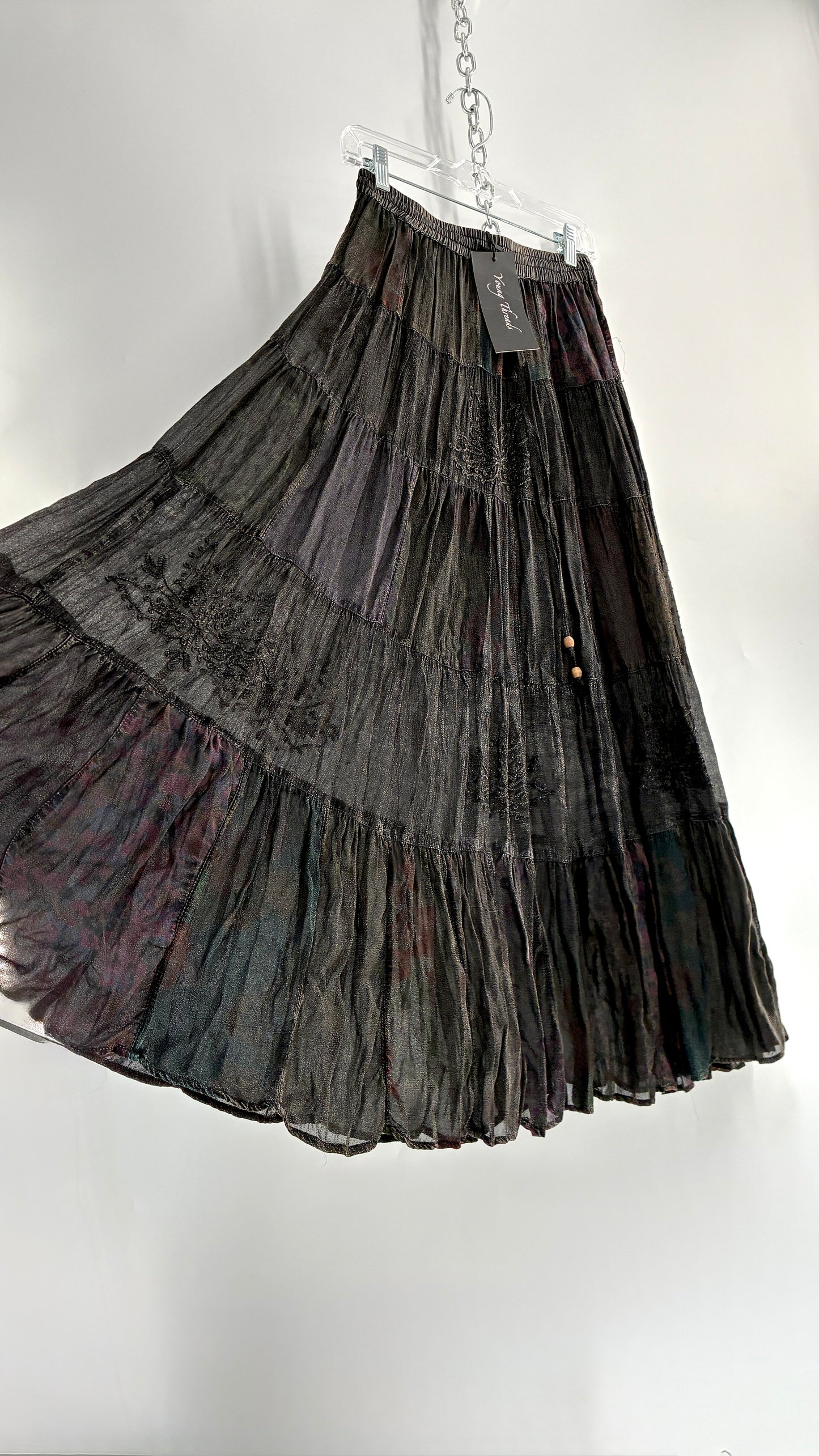 Deadstock Vintage Young Threads Charcoal Patchwork Maxi Skirt with Embroidered Details (Small)
