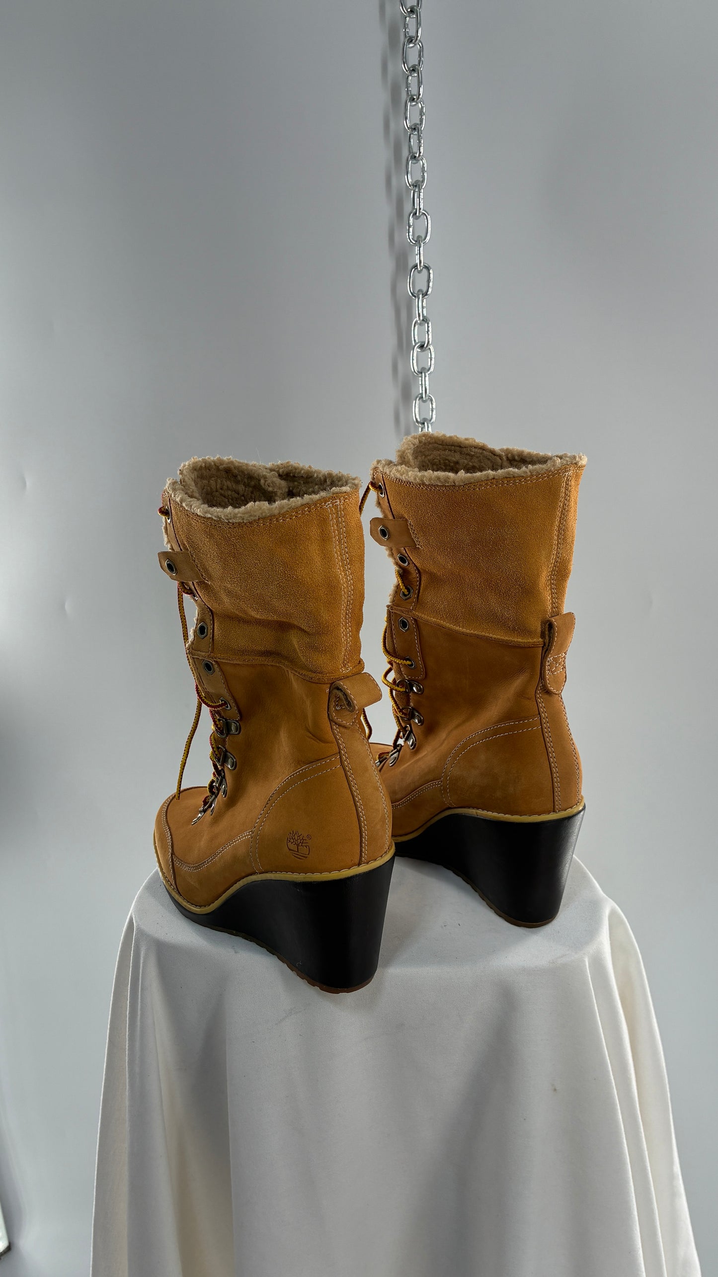 Vintage TIMBERLAND Wedge Boots Suede Leather Tie Up Heels (7.5)