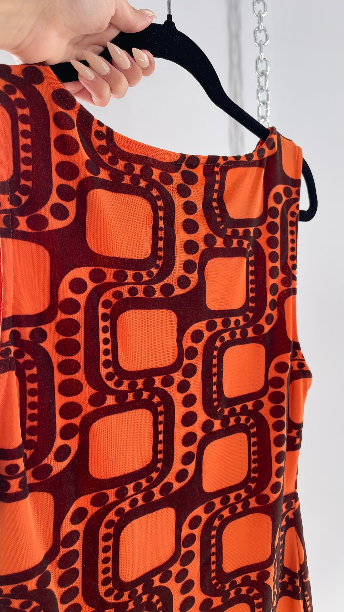 Urban Outfitters Orange Retro Patterned Tunic Dress with Brown Velvet 1970s Print  (Large)