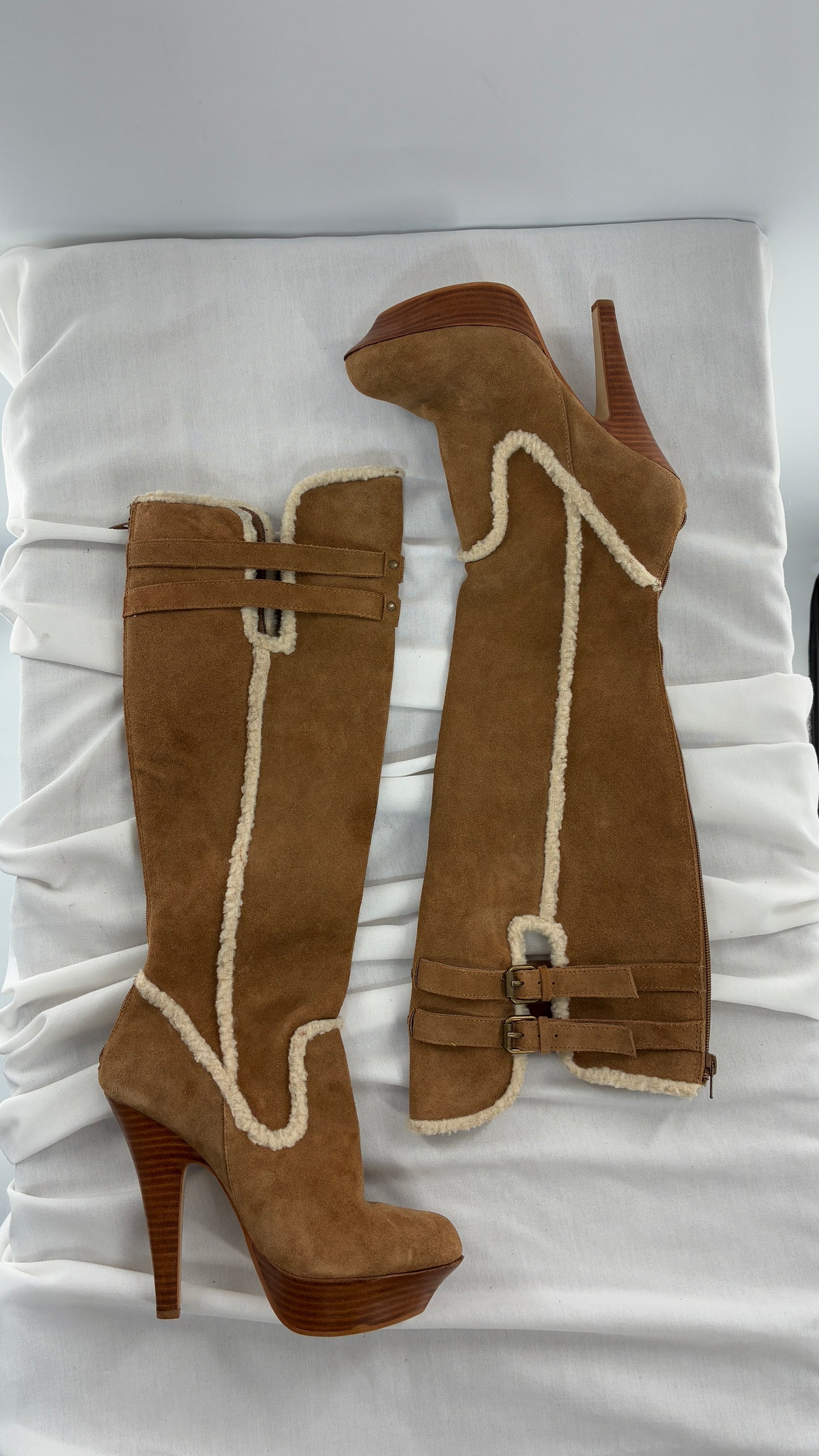 Vintage BEBE Genuine Suede Leather Stiletto, Platform Knee High Boots with Shearling Piping (8B)