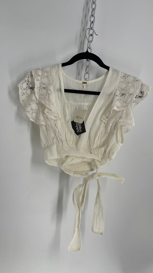 Free People Off White Cotton Tie Around Top with Lace Sleeve Detail and Tags Attached  (Small)