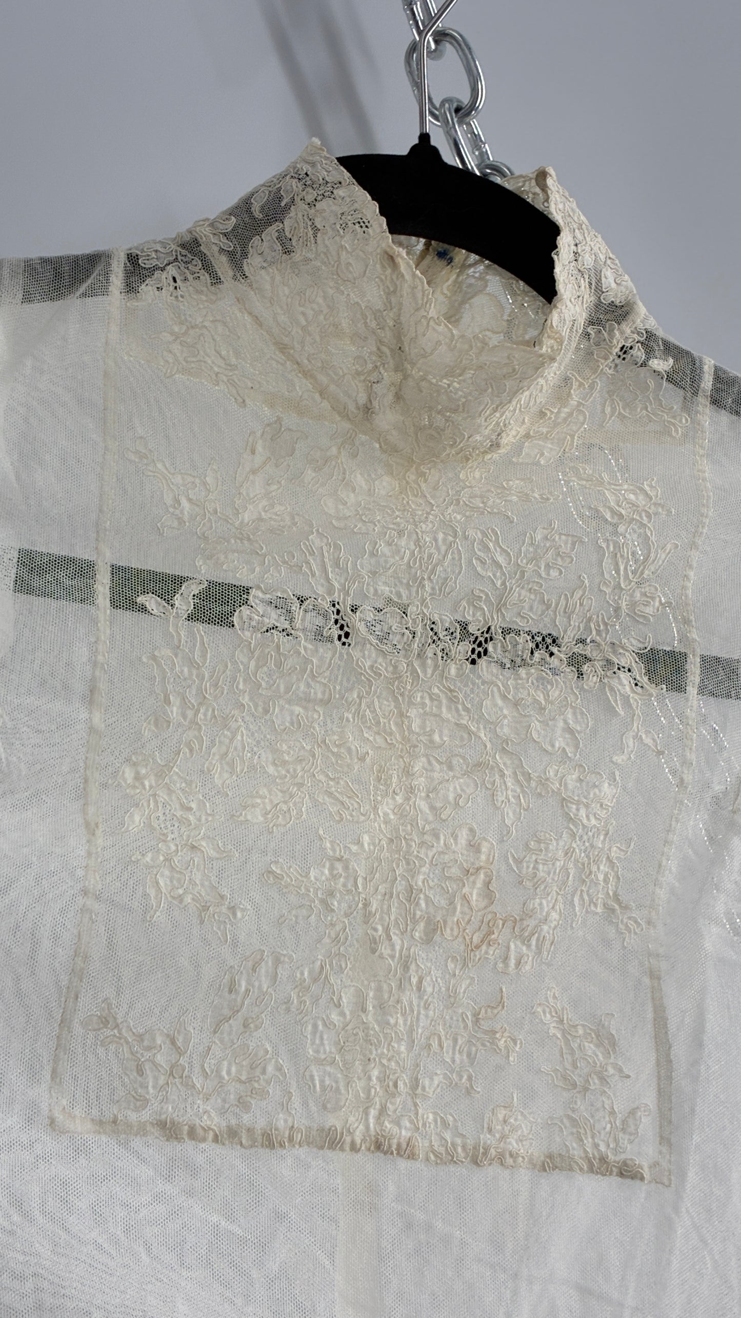 Vintage Antique Sheer Delicate Mesh, Mock Neck, Lace Paneled Camisole with Drawstring Waistline (XS/S)