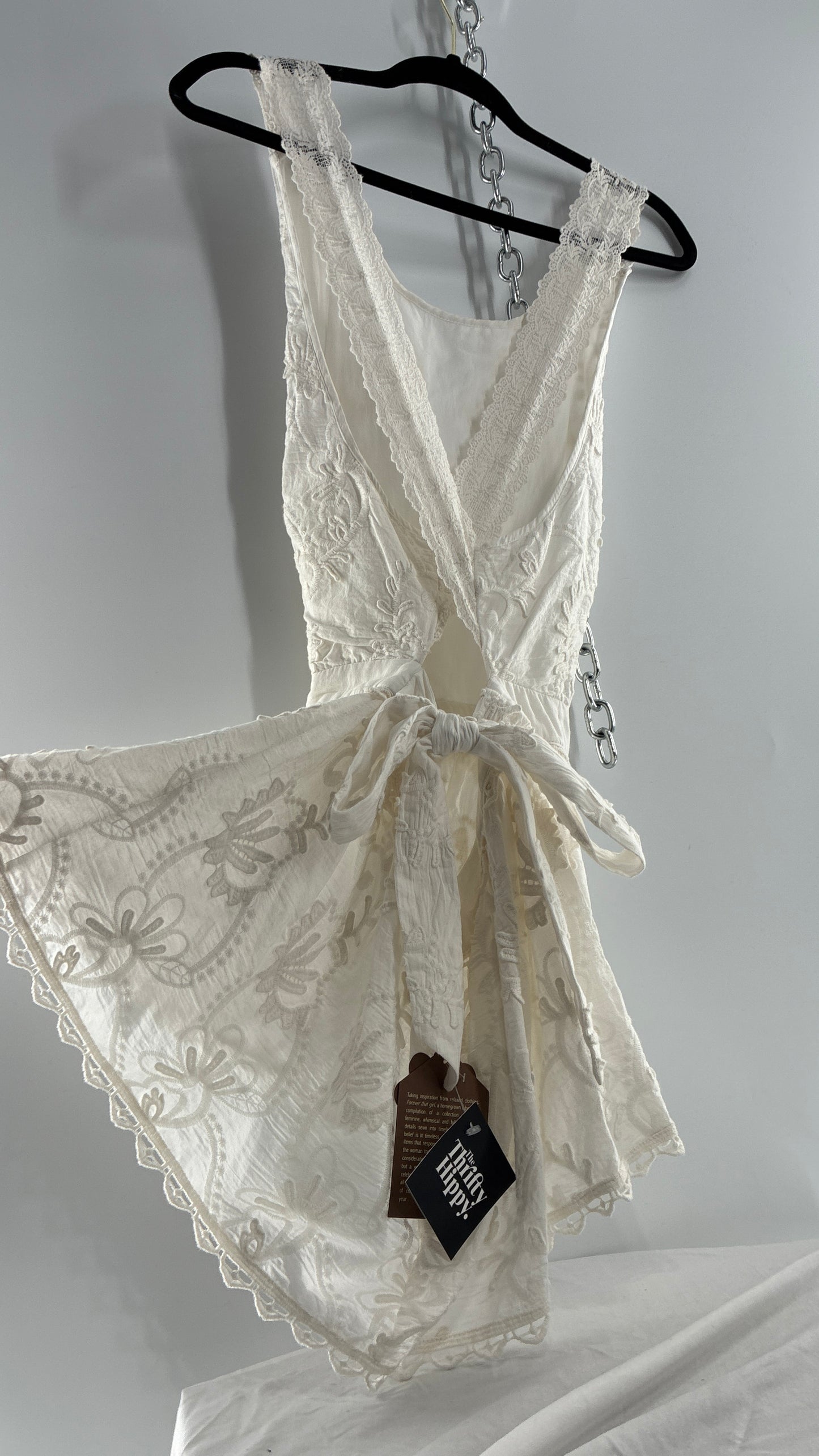 Forever That Girl Anthropologie White Apron Style Blouse with Low Open Back, Tie Detail, and Tags Attached (6)
