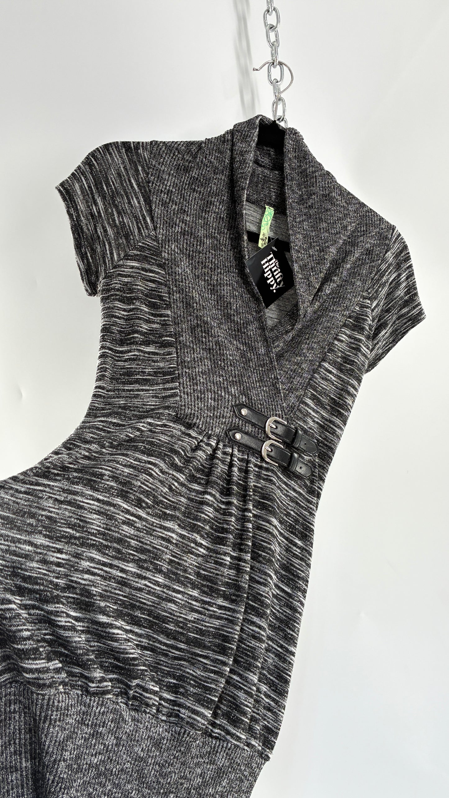 Vintage BELLA Knit Grey and Black Knit Bubble Hem Mini Dress with Under Bust Buckles (Small)