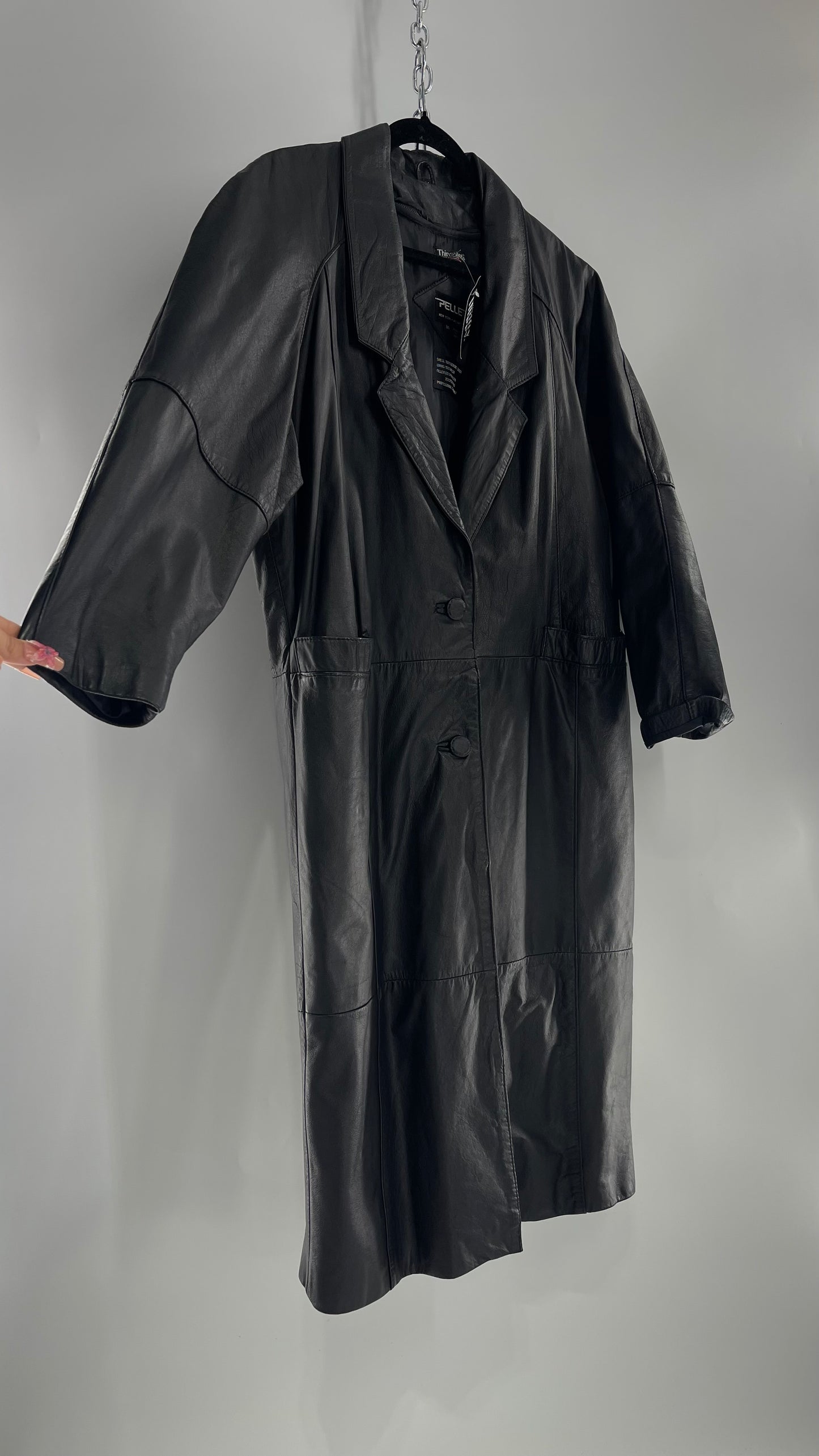 PELLE Vintage Black Leather Duster Coat (C) (Medium)