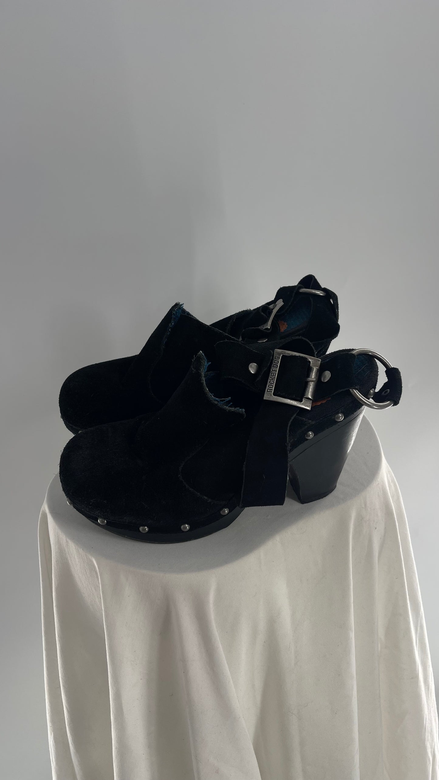 Vintage RocketDOG 1990s Black Suede Leather Studded Clog with Wrap Around Ankle Strap (8.5)