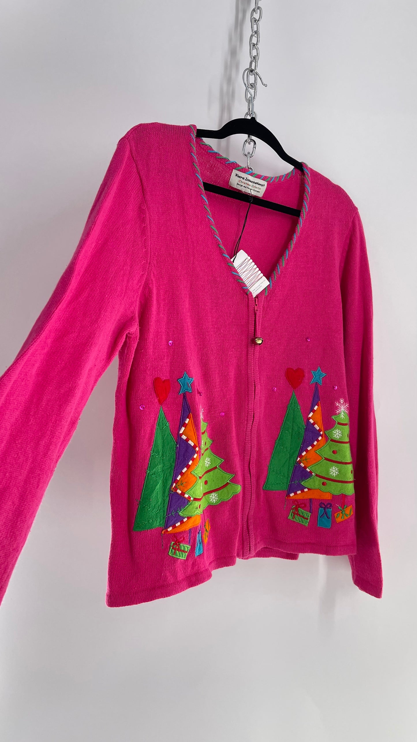 Vintage Urban Outfitters Renewal Pink Patchwork Christmas Tree Zip Front Knit with Tags Attached (Large)