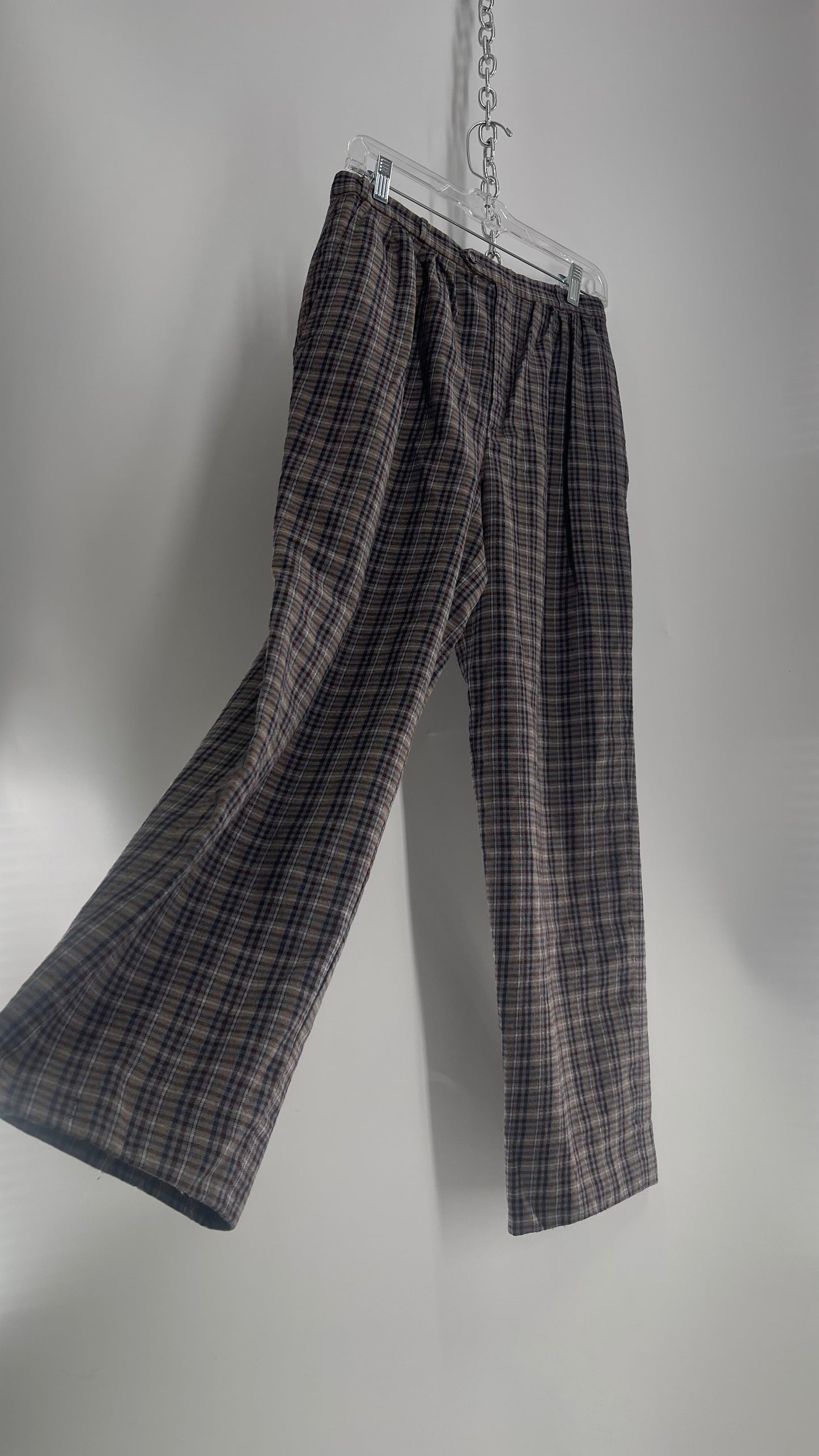 Vintage 100% Wool Gray Muted Tones Plaid Pleated Baggy Trousers (2)