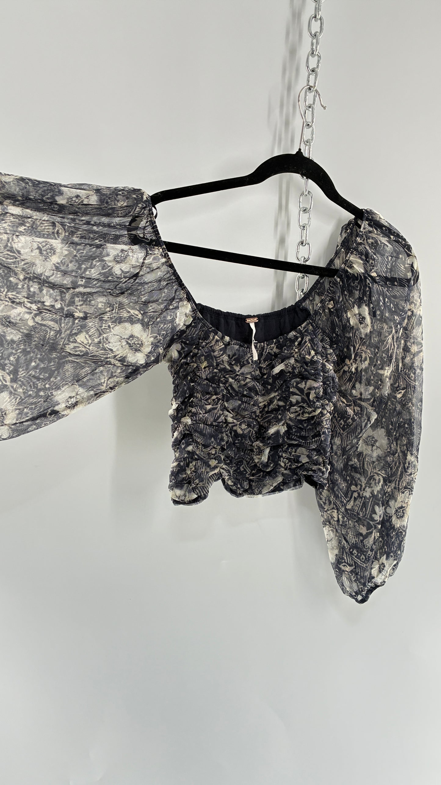 Free People Denim Blue Balloon Sleeve Mesh Ruched Blouse (Medium)