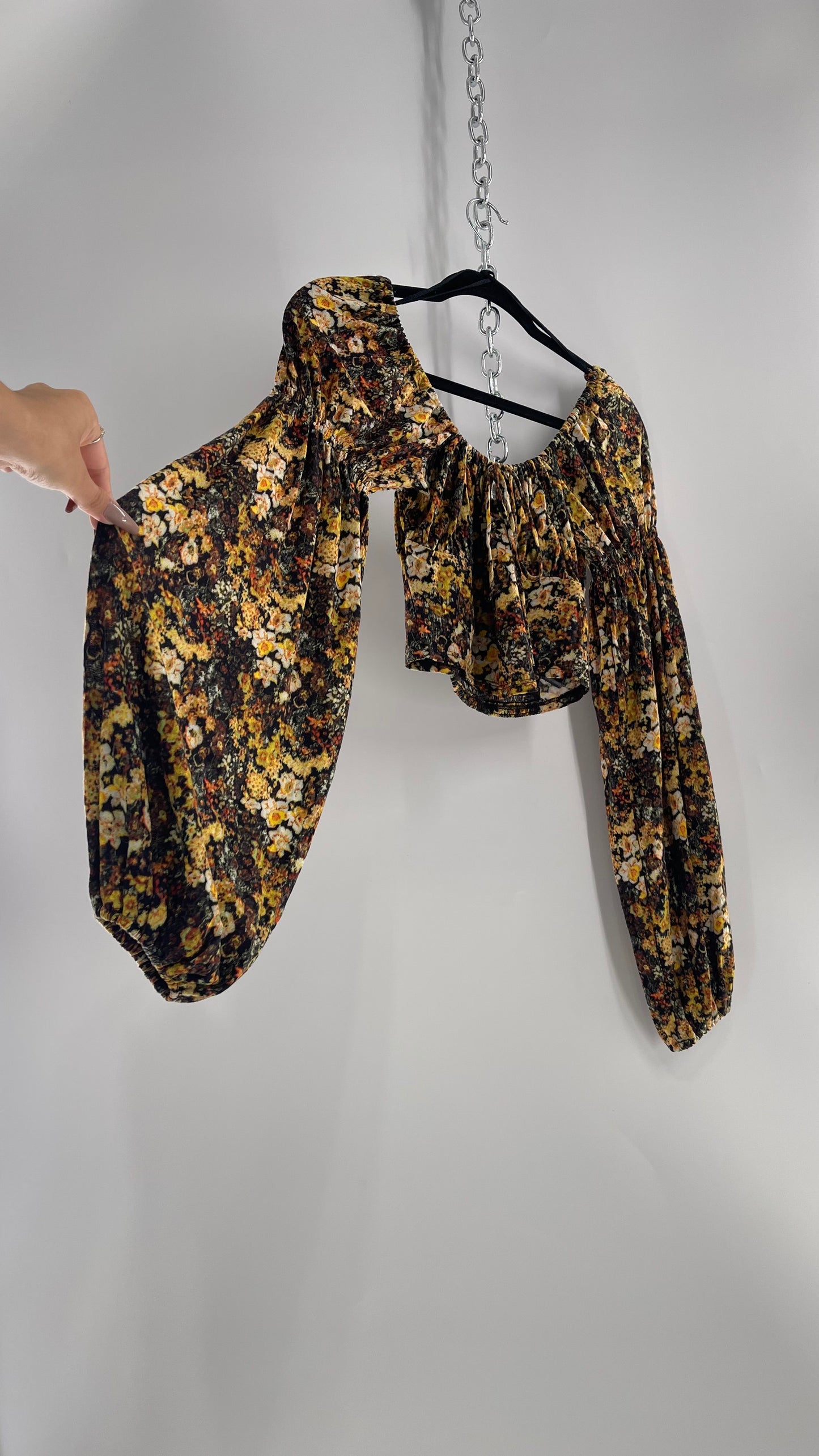 Urban Outfitters Black Yellow Fall Florals Balloon Sleeve Milkmaid Bust Top (Medium)