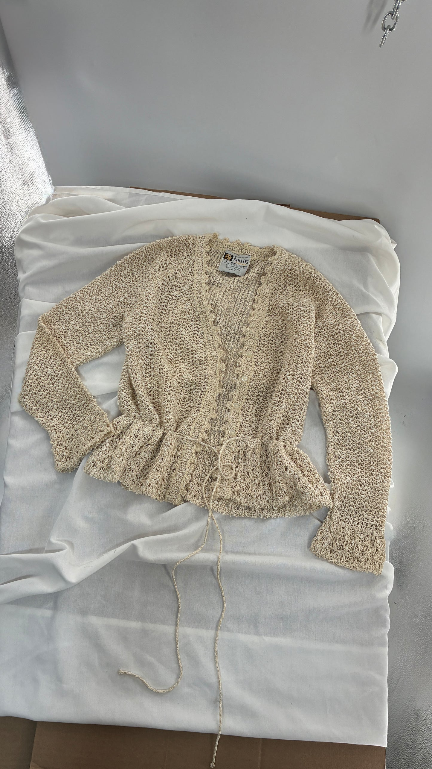 Vintage 1970s PALLAS 100% Pure Irish Linen Hand Loomed Cinched Cardigan (Medium)