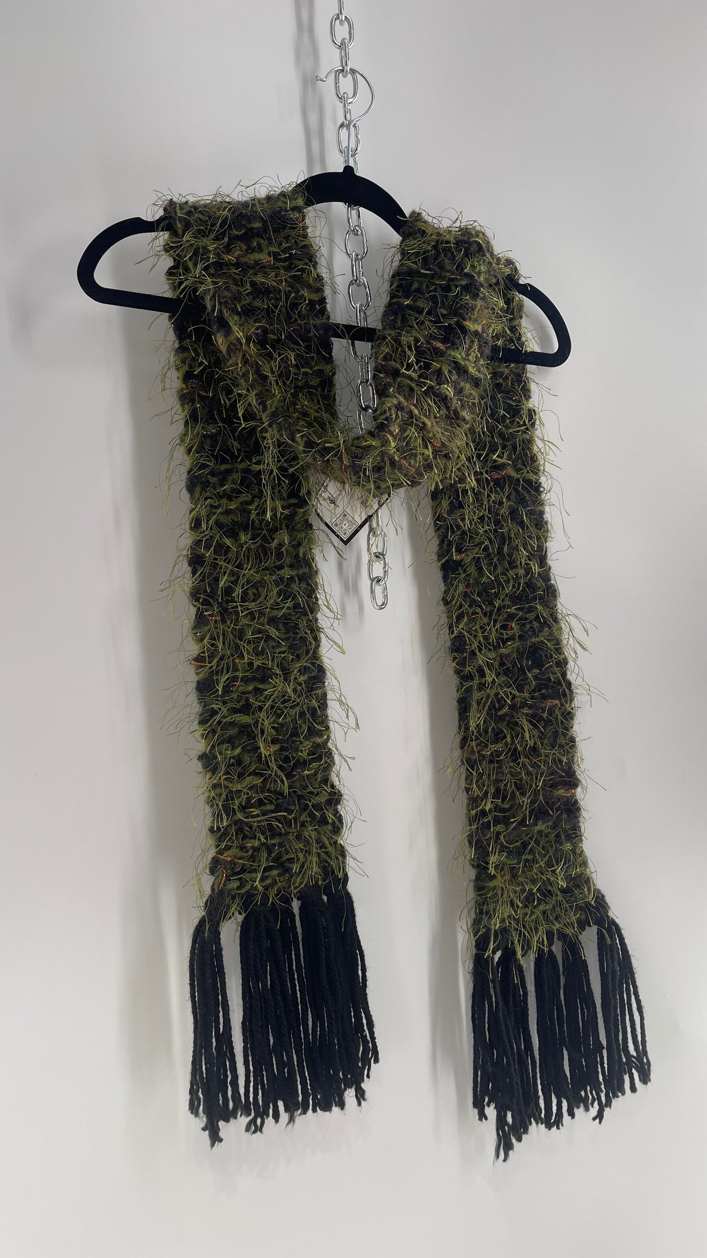 Vintage Fuzzy Super Thick Knit Green Shaggy Scarf with Tinsel