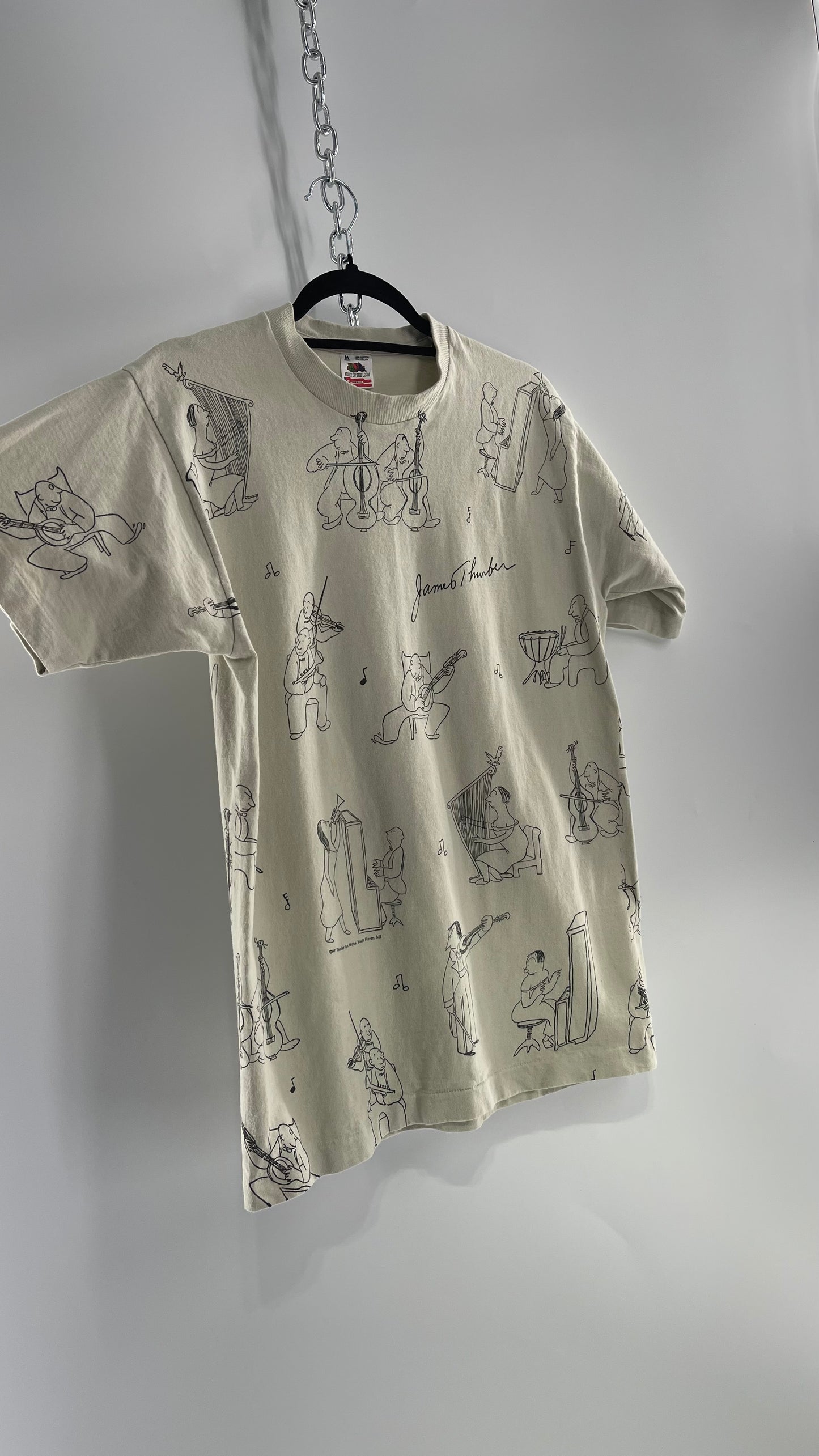 Vintage James Thurber Welcome to the Opera Beige Doodle Comic Sketch T Shirt (M)