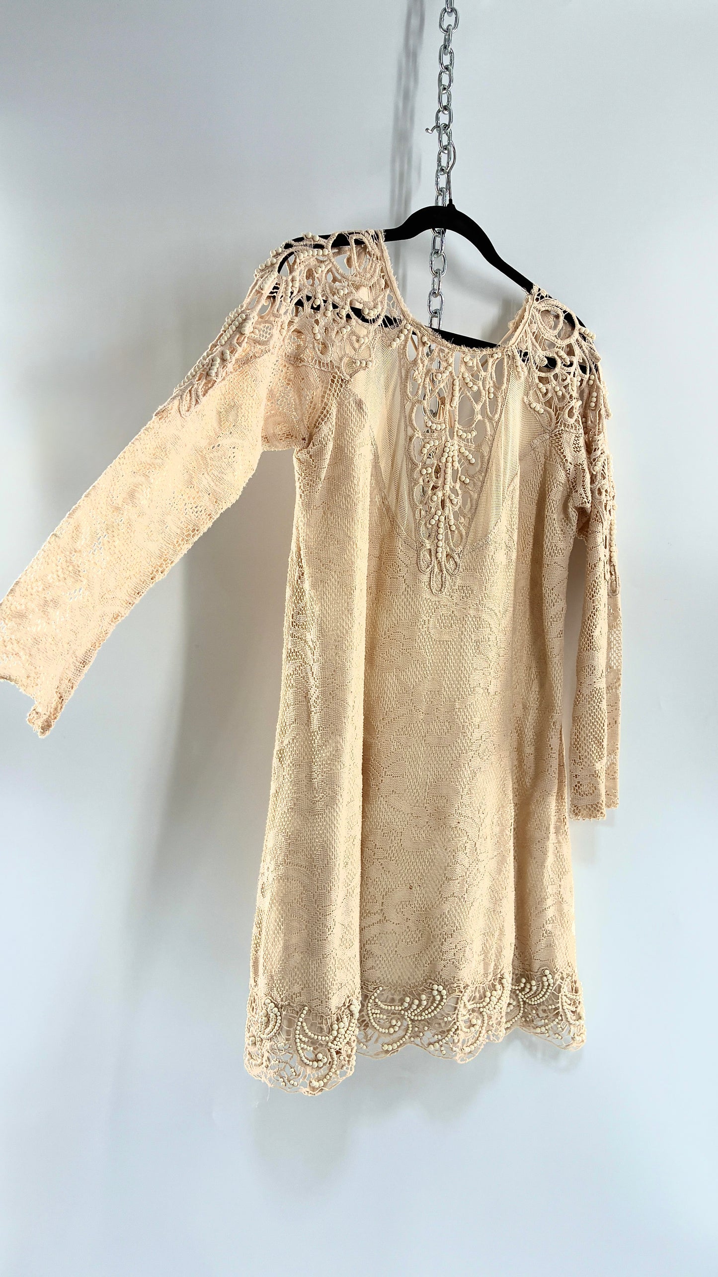 Vintage Free People Beige Long Sleeve Lace Dress with Deep Neckline, Low Back and Beaded Details