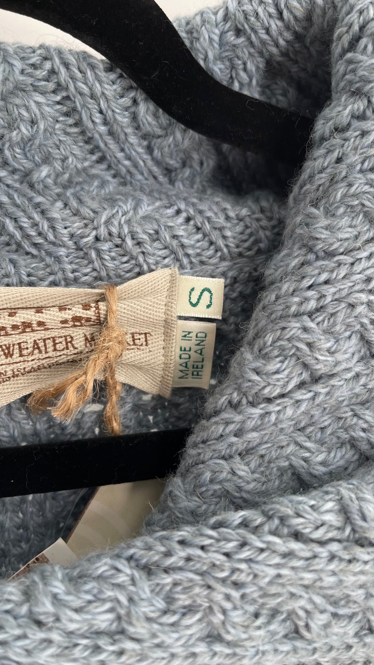 Authentic Irish Aran Sweater Market Slate Blue Aran Stitch Sweater with Oversized Wooden Button Detail and Certificate of Authenticity (Small)