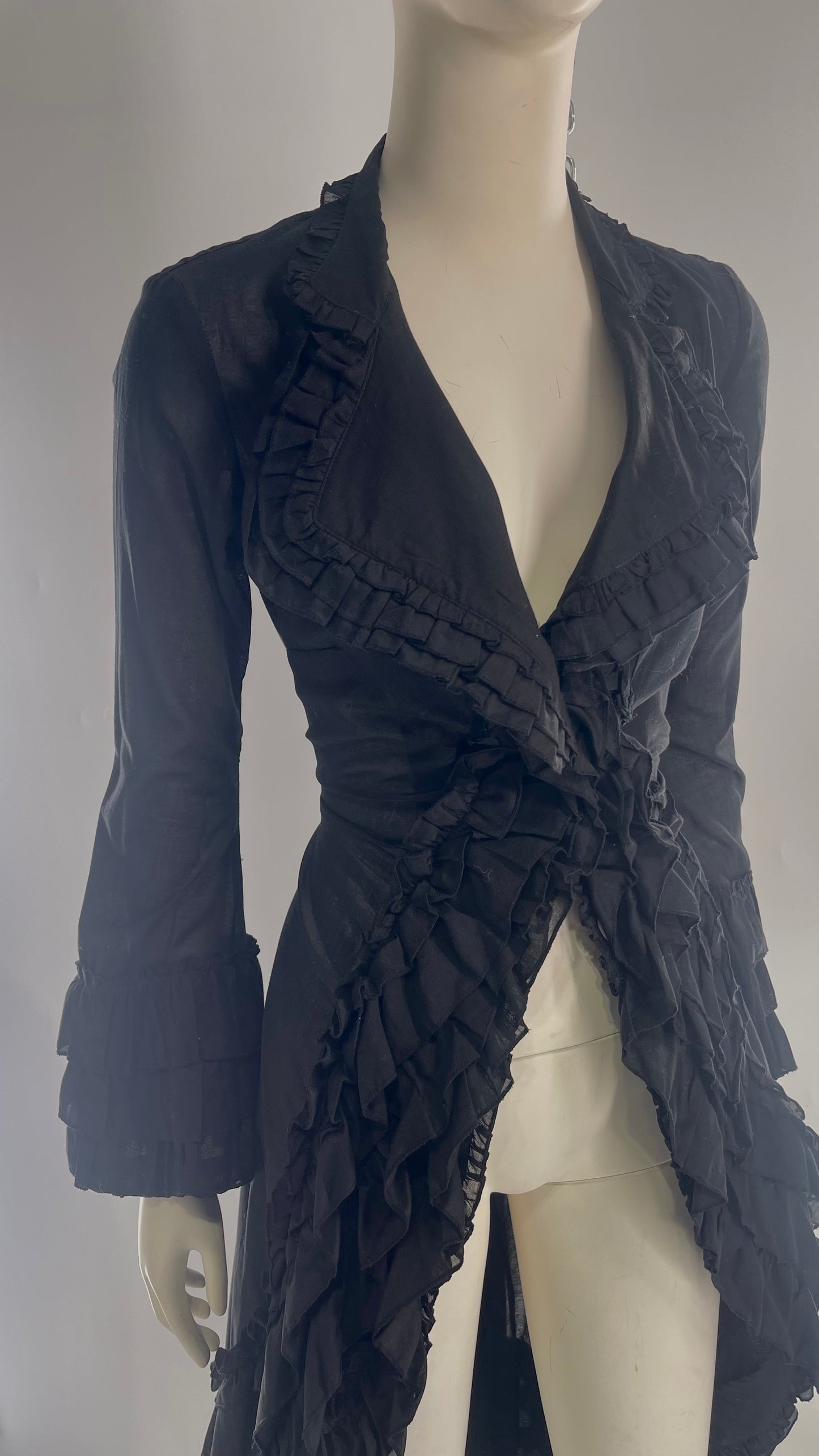 Vintage Cordelia Cotton Black Ruffled Duster Coat with Ruffled Lapel and Cuffs (XS)