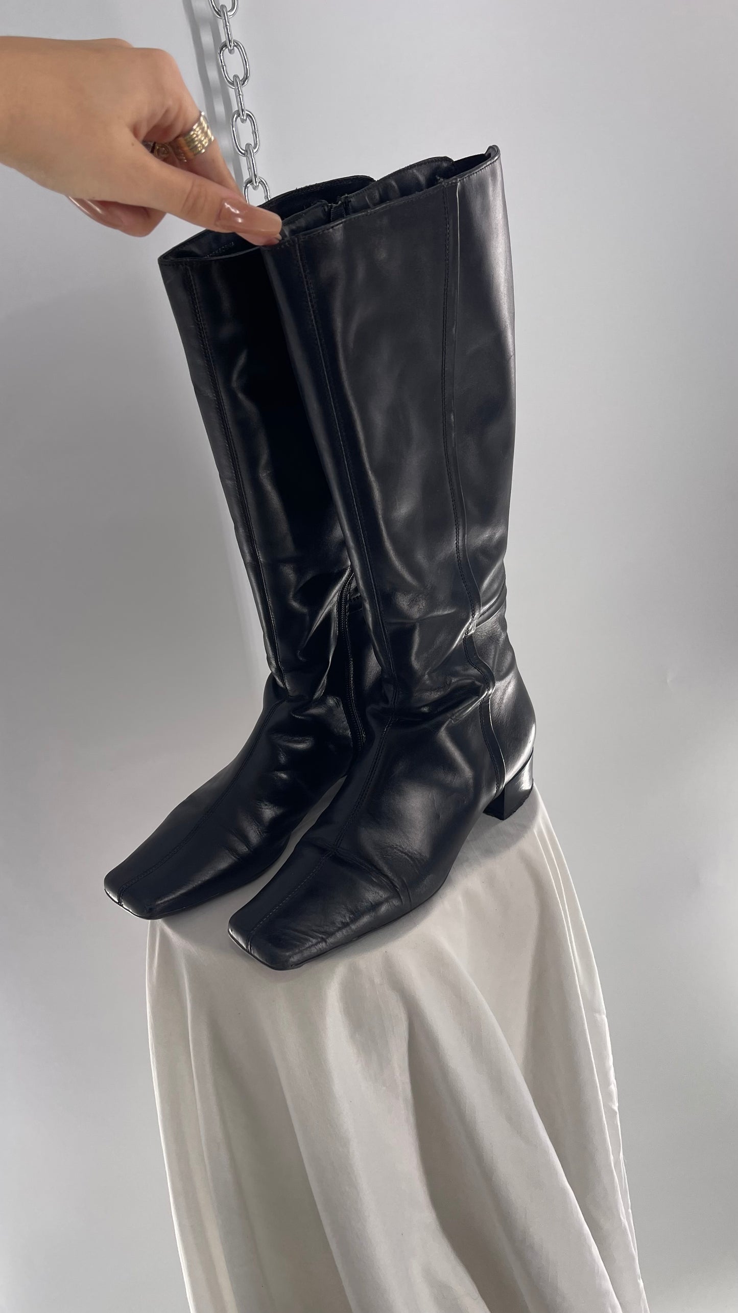 Vintage YKK Black Leather Square Toe Knee High Boot (40)