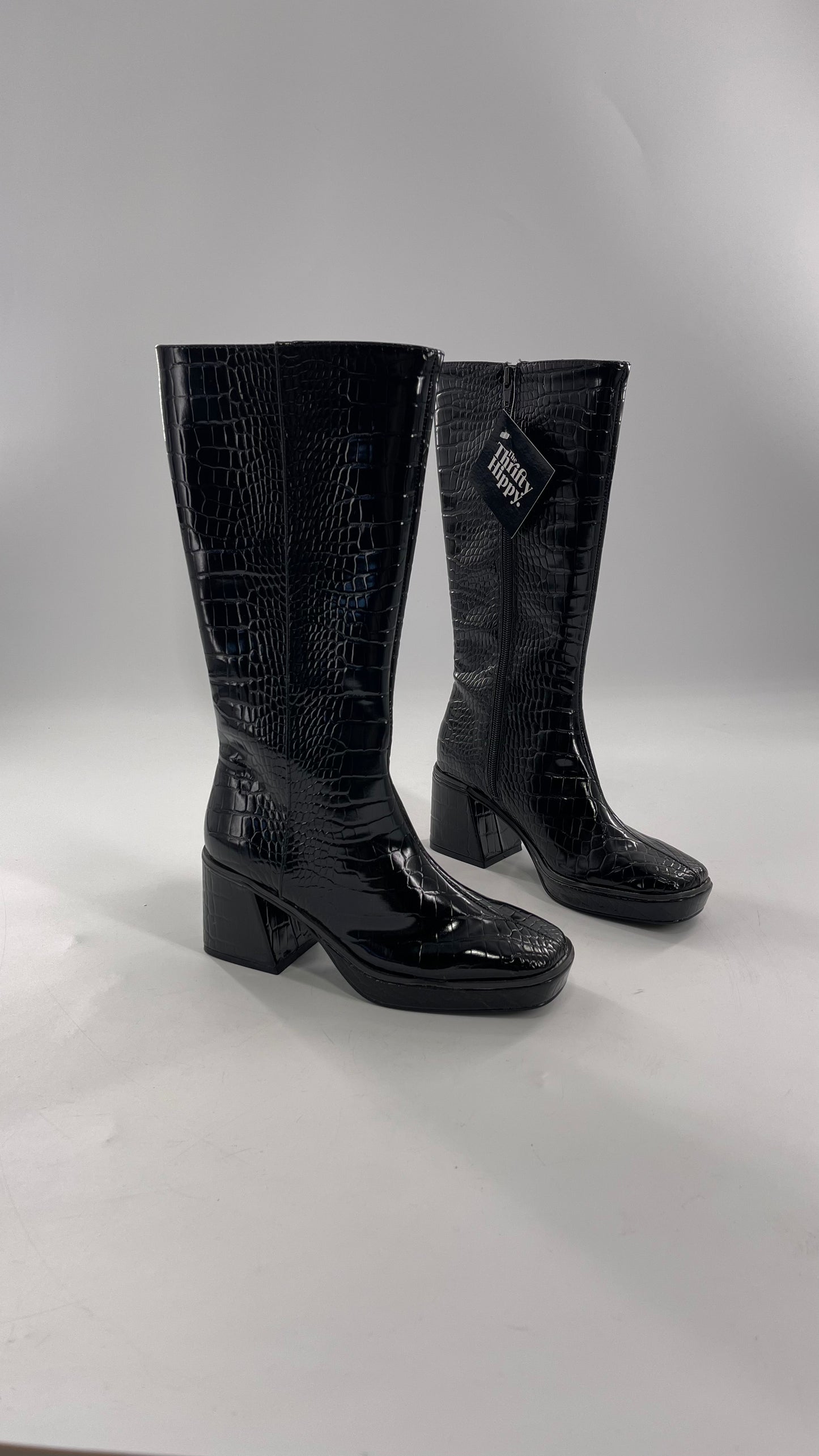 Urban Outfitters Black Crocodile Embossed Knee High Heel Boots (6)