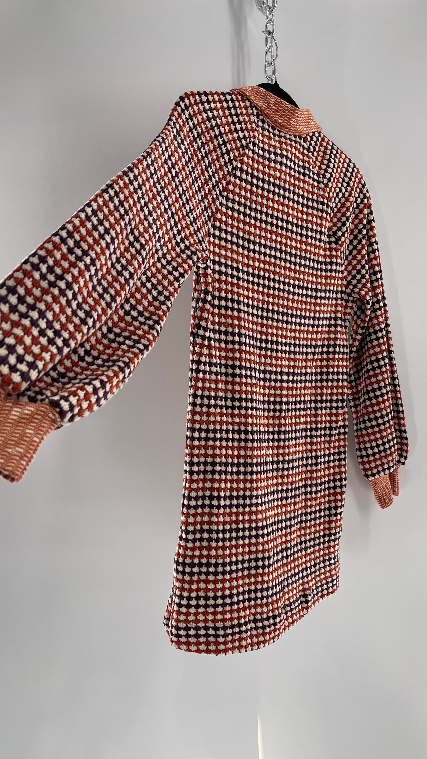 Free People Collared, Orange/Purple Chenille Knit Houndstooth Checkered Patterned 70s Dress (Small)