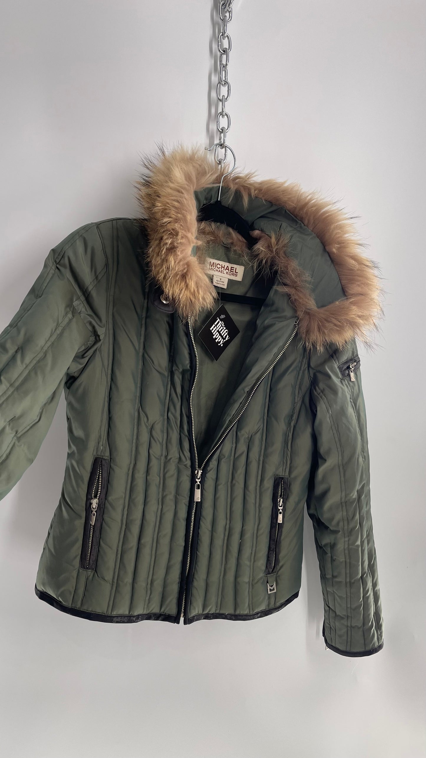 Vintage Michael Kors 1990s Army Green Puffer with Raccoon Fur Hood Waterfowl and Down Filling (Small)