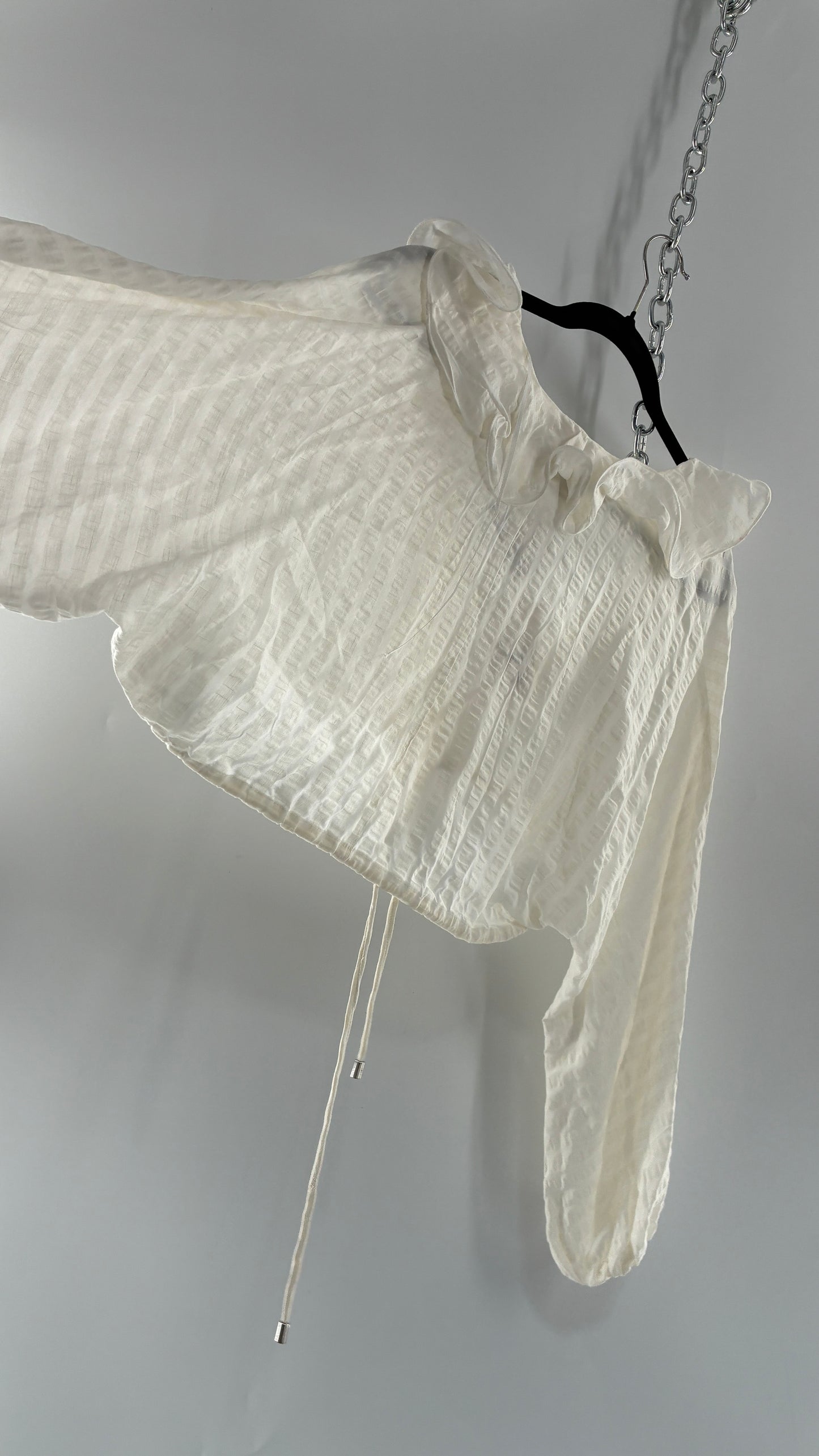 CMEO Collective White Balloon Sleeve Blouse with Ruffled, Button Up Neckline and Adjustable Drawstring Waist (XS 0-2)