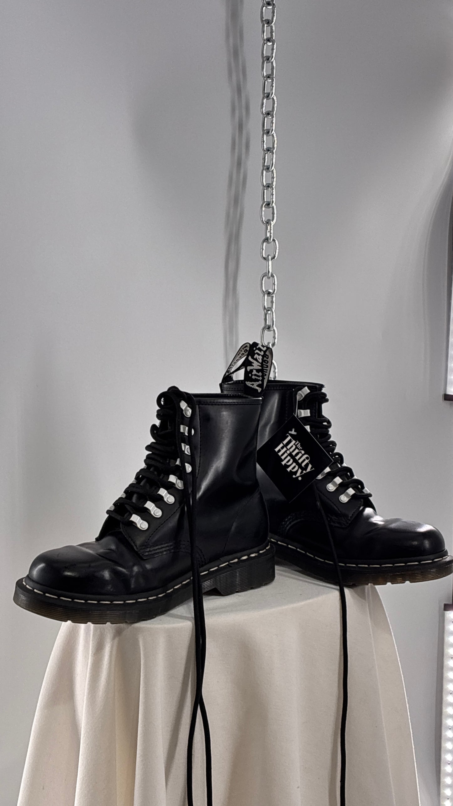 Vintage DR.MARTENS AirWair 1460 DISRUPT Black Patent Leather Boots with White Hardware (8L, 7M)