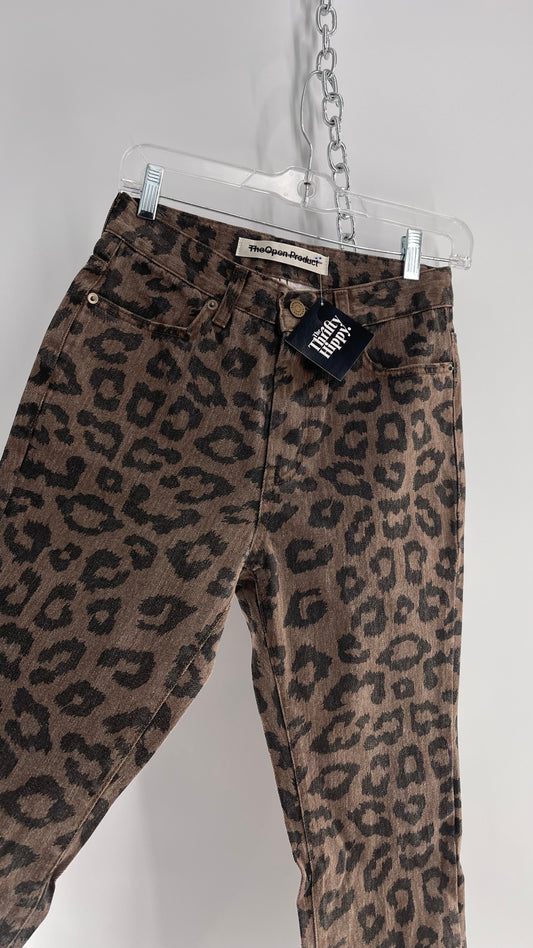 The Open Product Cheetah Print Brown Jeans with Buttons on Hem  (2)