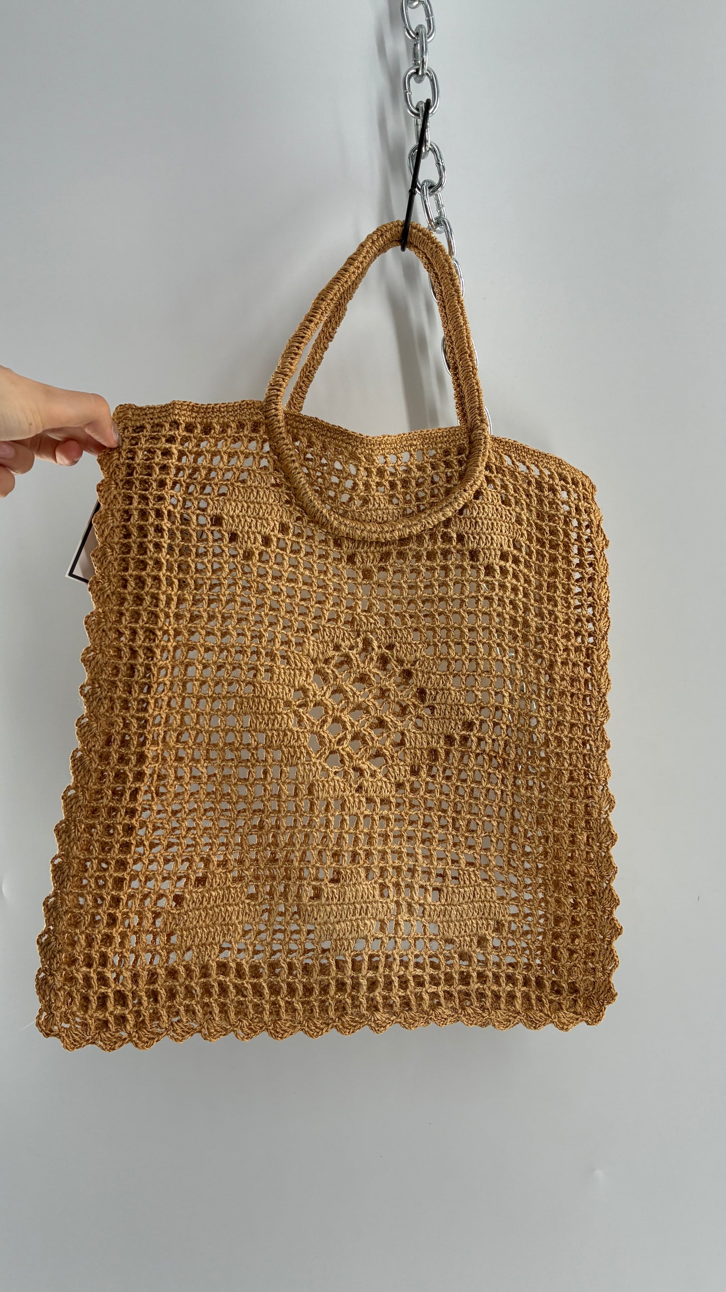 Vintage Macrame Round Handle Straw Tote