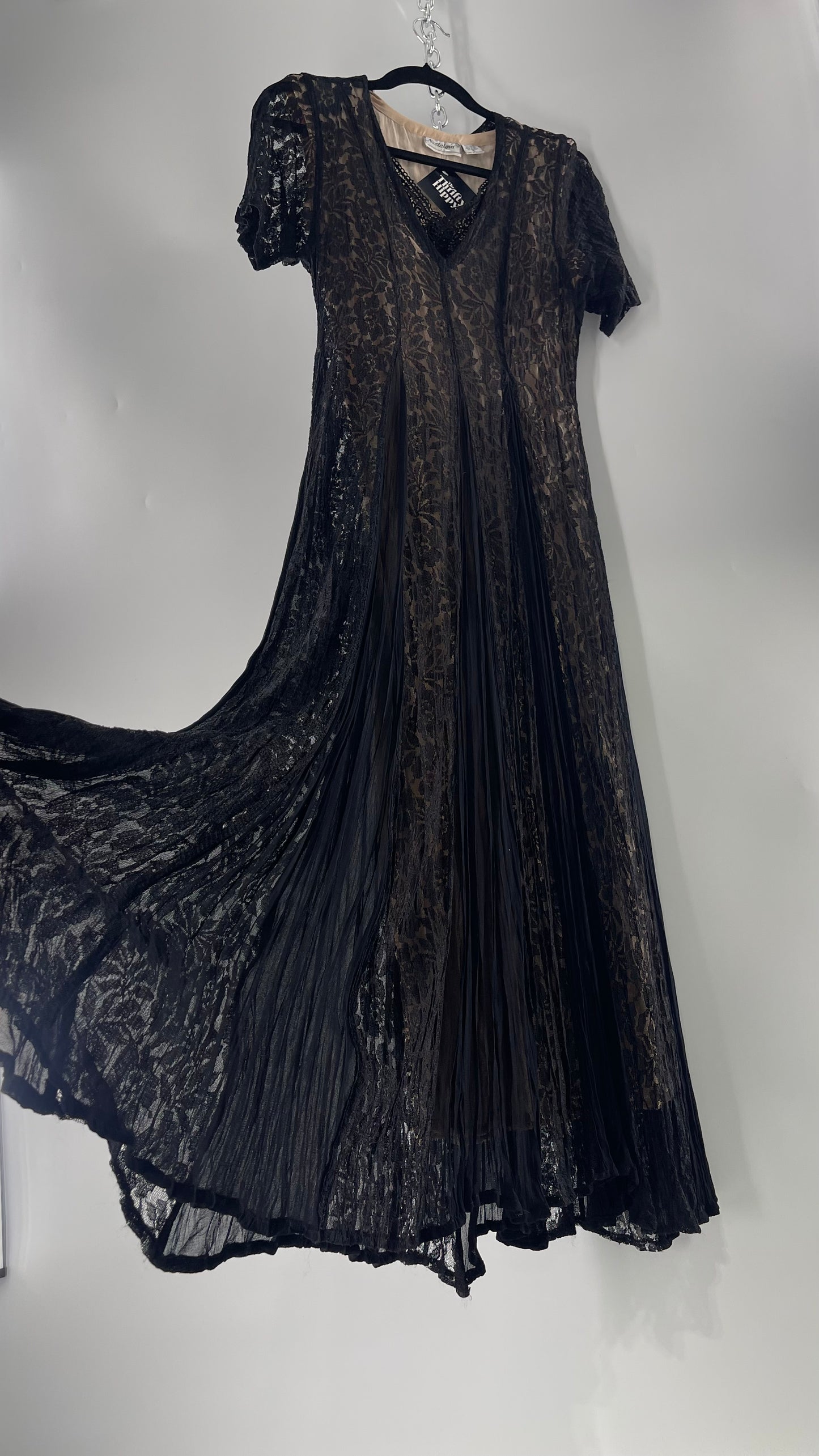 Nostalgia Vintage Black Lace Gown with Pleated Vents and Beige Underlay (Small)