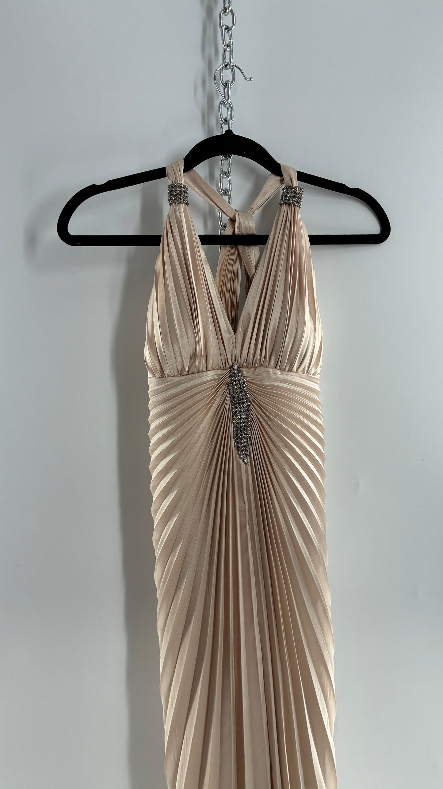 Vintage ISSUE Pleated Champagne Gown with Vented Slit Front, Crystal Bust Appliqué and Strap Cuffs (2)