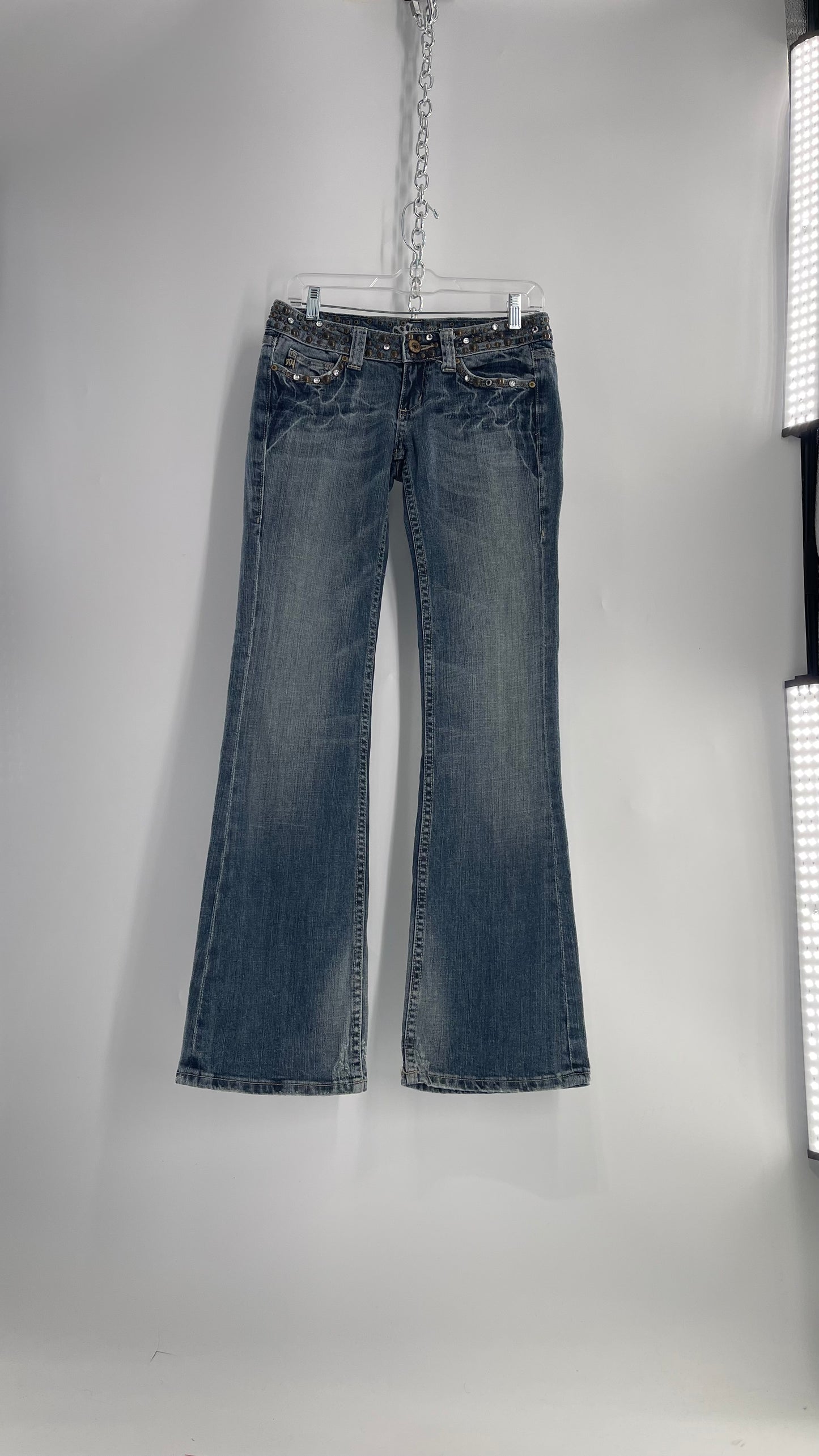 Vintage Miss Me Grainy Stone Wash Kick Flares with Studded Low Waist and Back Pockets (26)