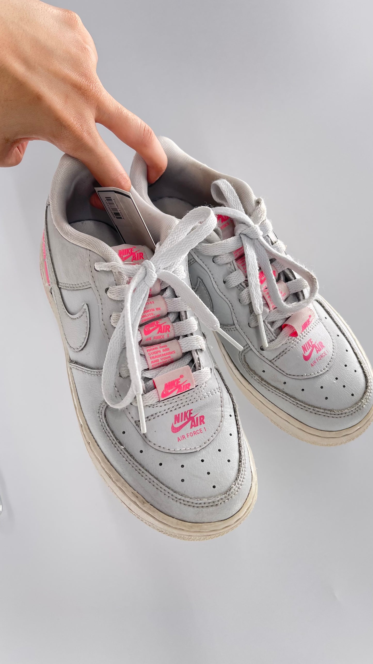 Custom Nikes Worn White with Tags on Laces and Neon Pink Details (4Y)