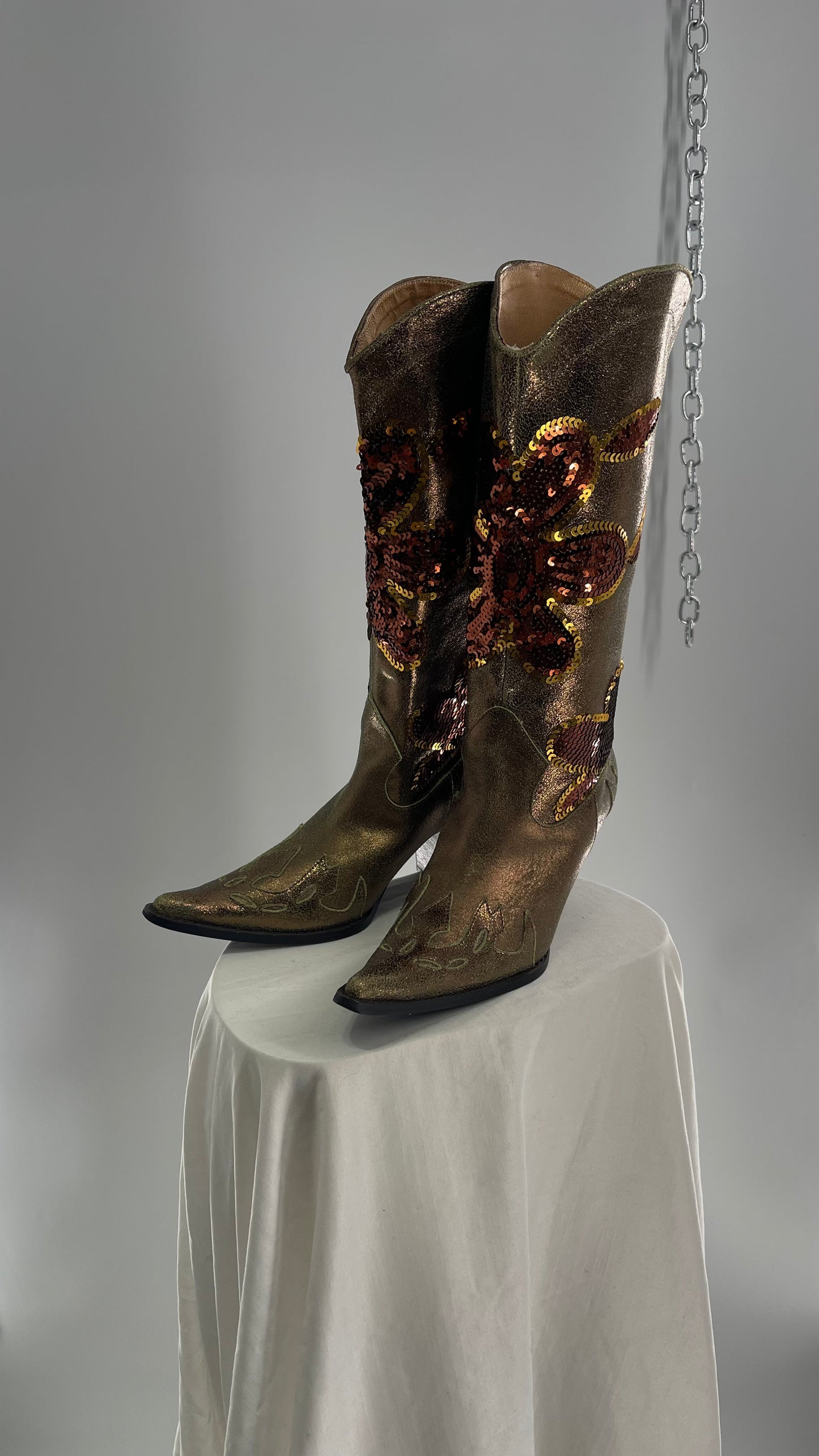 RARE Vintage Foot Candy Sage Green/Bronze Leather Cowboy Boots with Sequin Flowers and Flame Details (6.5)