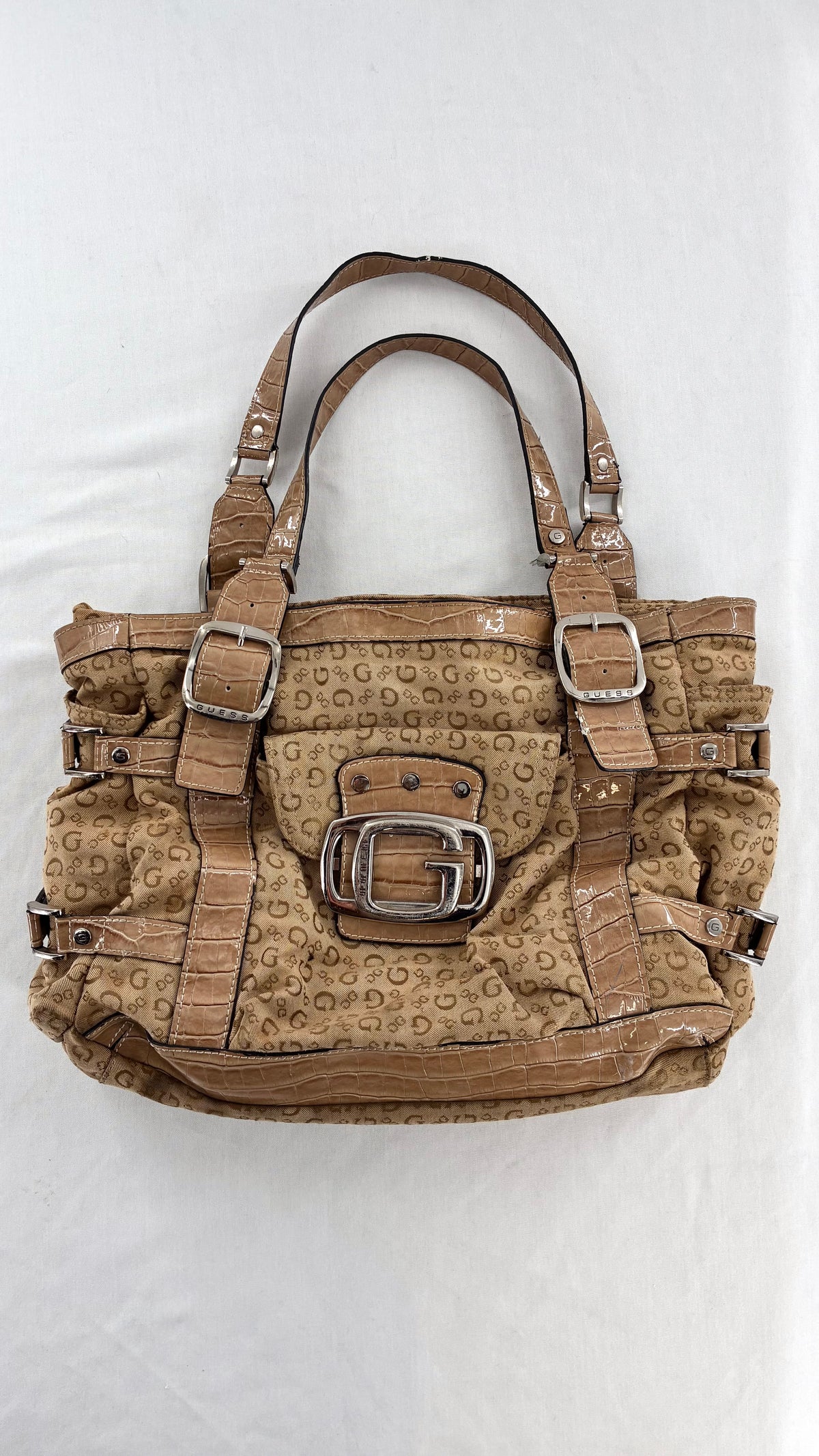 Vintage Guess Tan Monogram Shoulder Bag With Croc-Embossed Trim