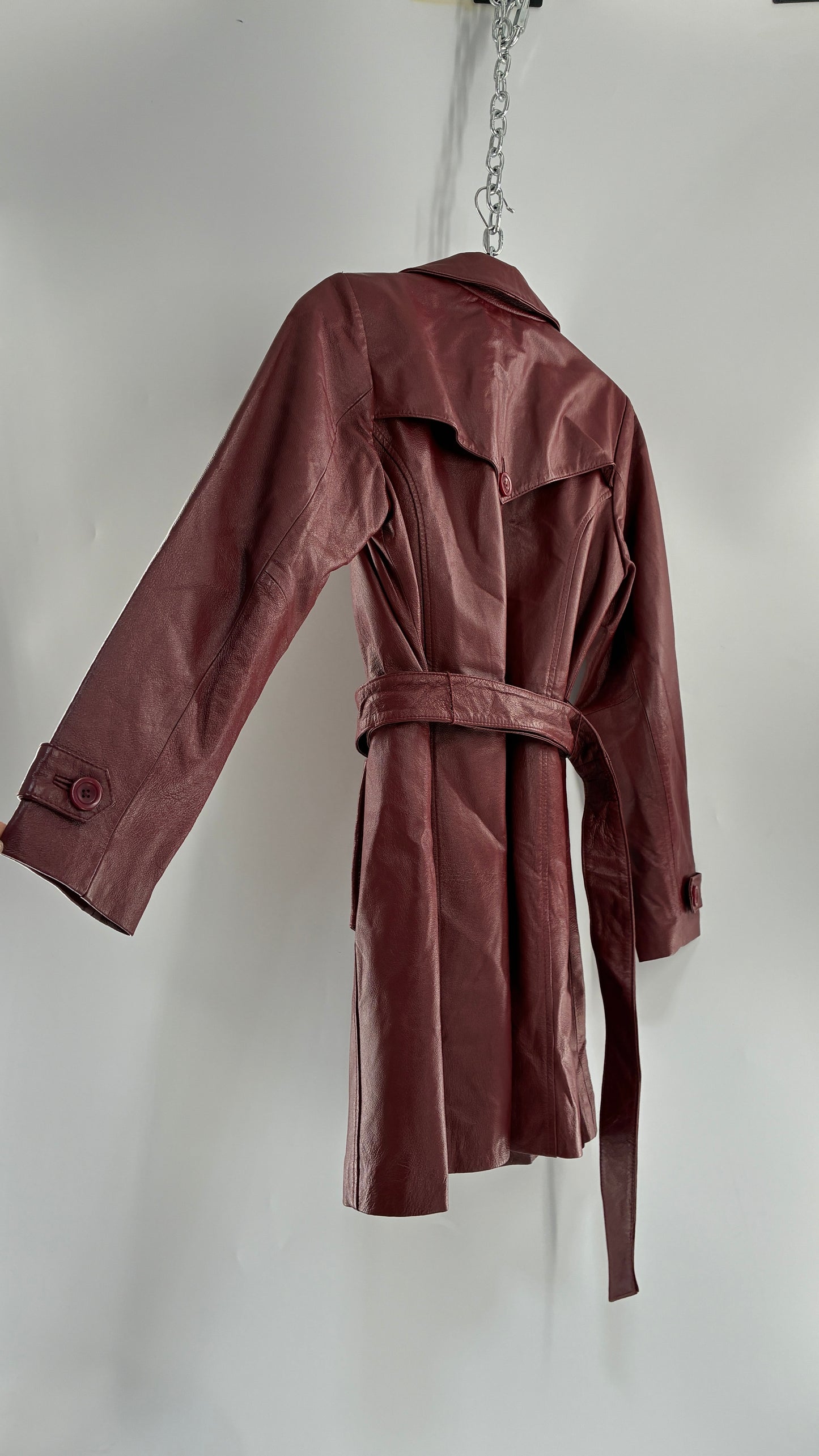 Vintage 1990s CENTIGRADE Red Crimson Genuine Leather Trench Coat (Small)
