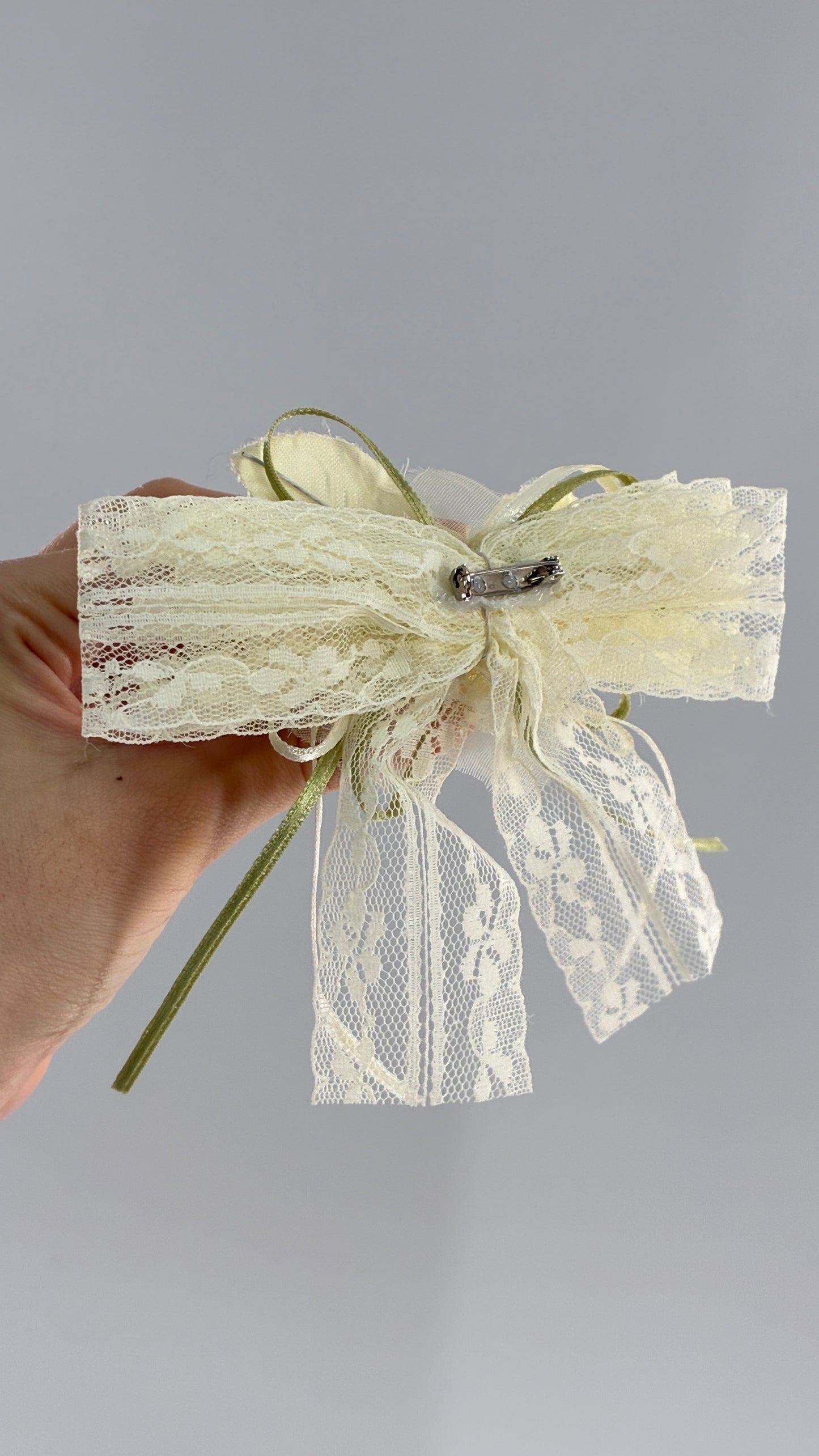 Vintage Lace Fabric Florals Baby Yellow Bow Pin Brooch
