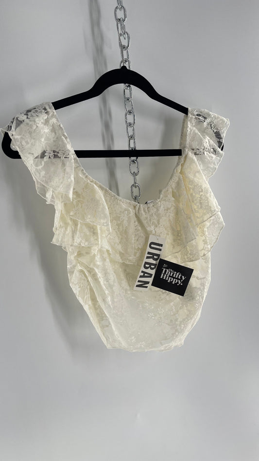 Urban Outfitters White Lace Tank with Ruffle Neckline and Straps Tags Attached (Large)