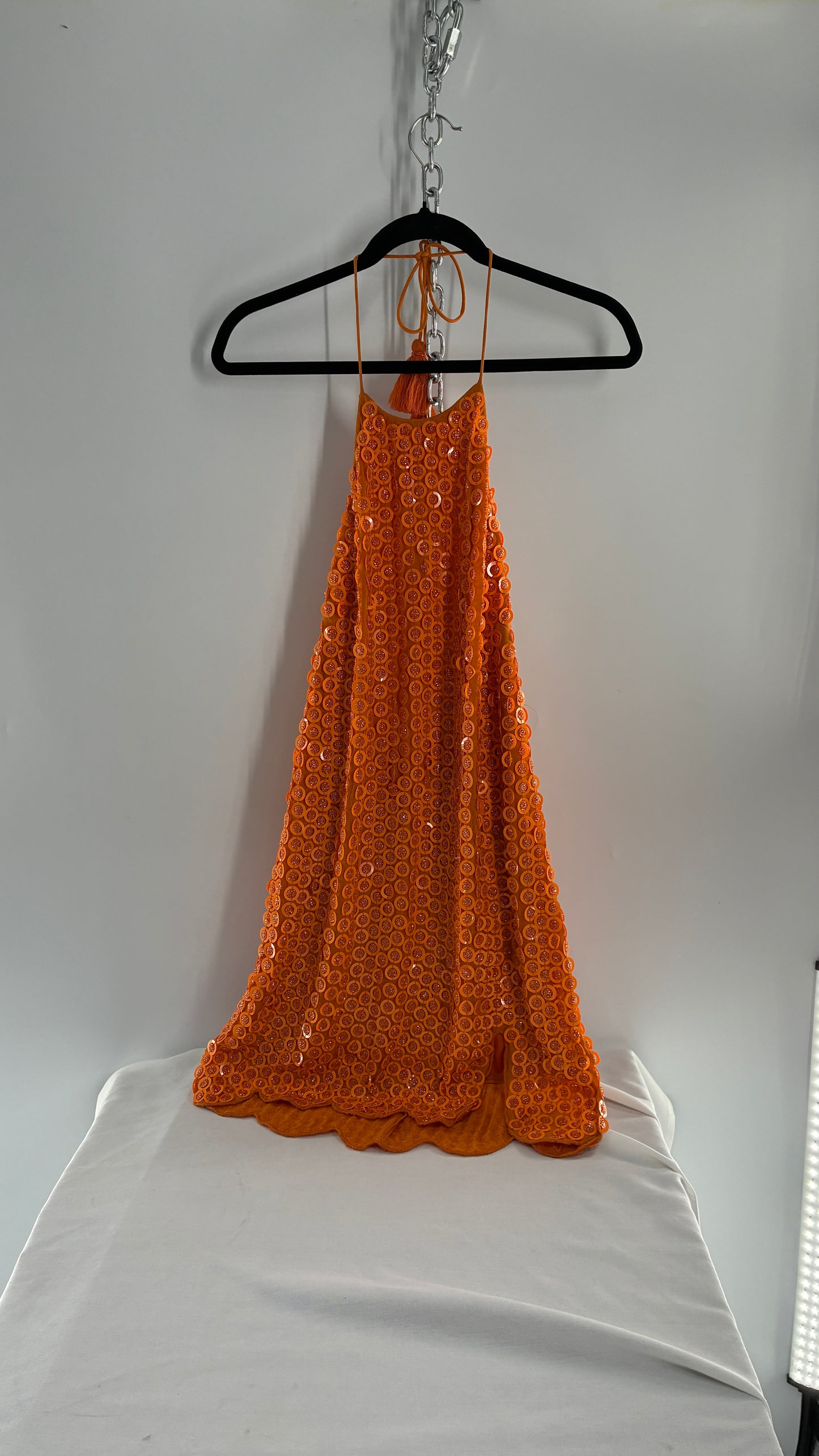 X by NBD Orange Backless Halter Mini Dress with Scalloped Hem, Covered in Beads and Sequins (Medium)