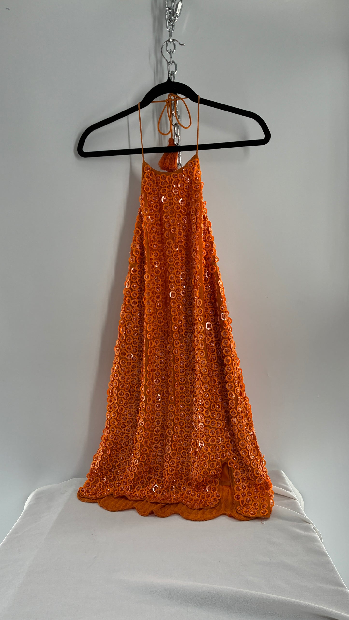 X by NBD Orange Backless Halter Mini Dress with Scalloped Hem, Covered in Beads and Sequins (Medium)