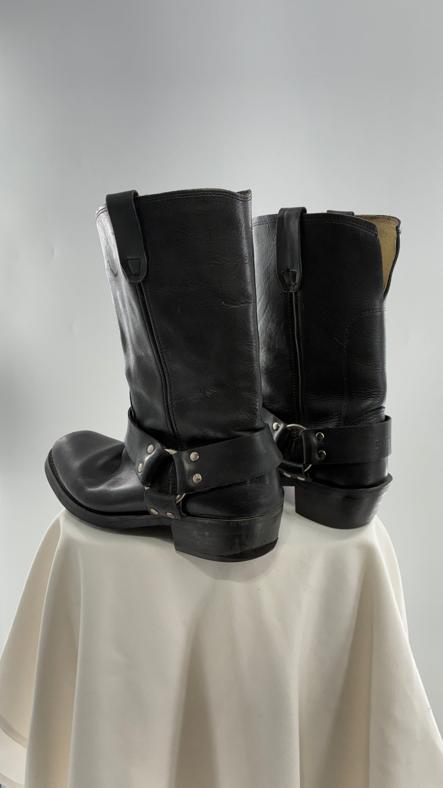 Vintage Mismatched Black Heavy Duty Leather Motorcycle Boots (8,9?)
